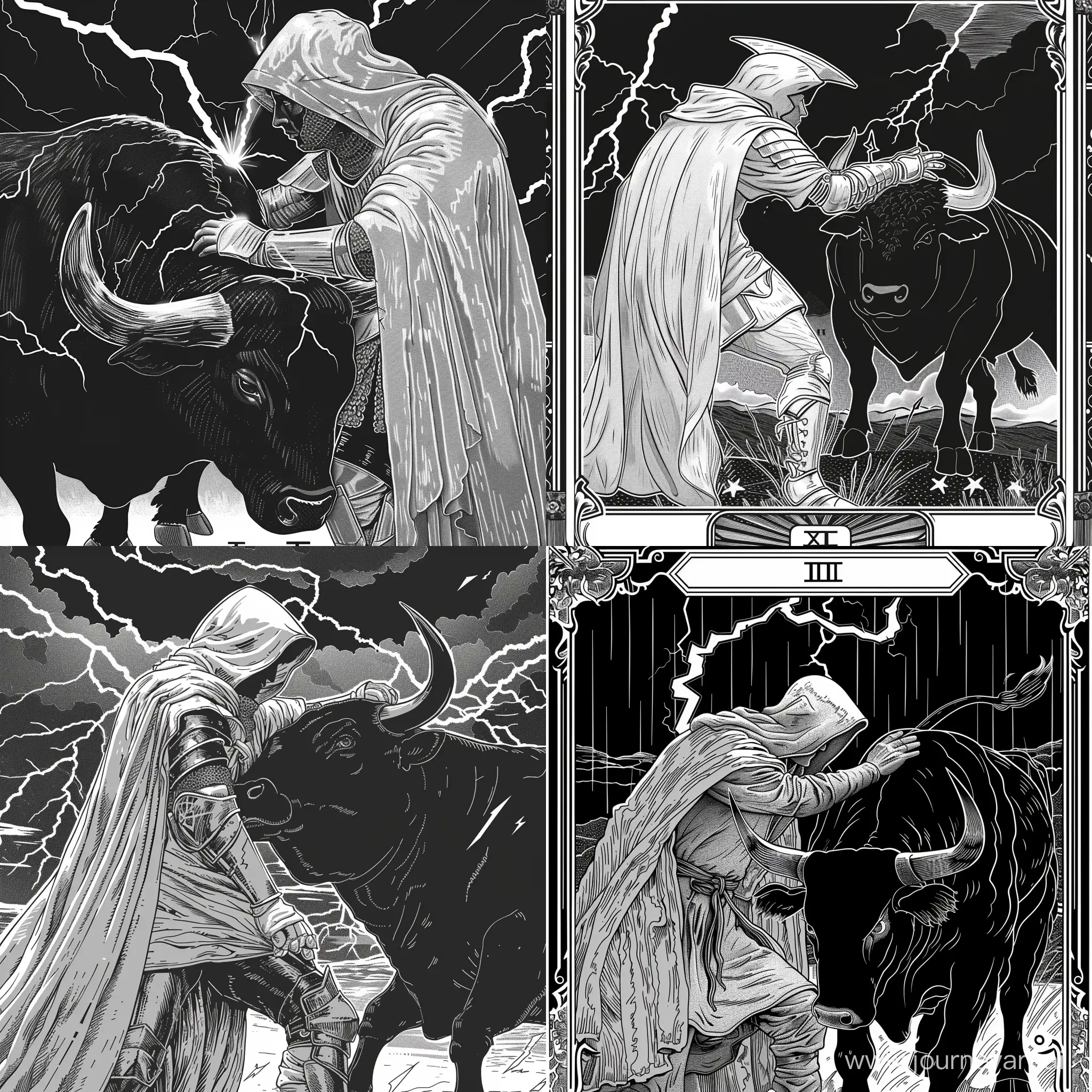 Tarot-Knight-with-White-Cloak-Calms-Black-Bull-Under-Lightning-Strike