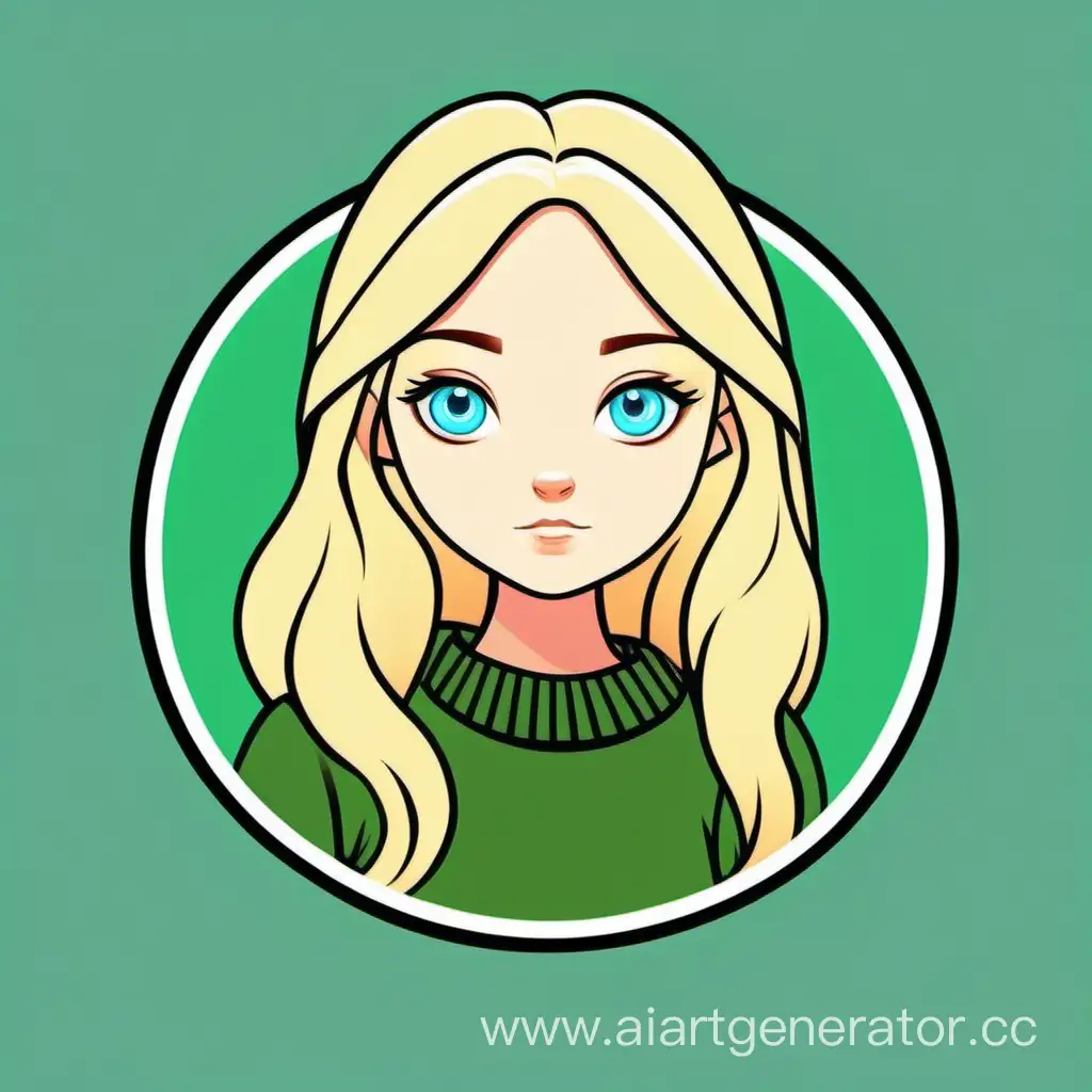 Длинноволосая девушка блондинка с голубыми глазами в зелёном свитере и штанах. Минимализм, мультяшный стиль. Стикер для логотипа в круглой или квадратной рамке