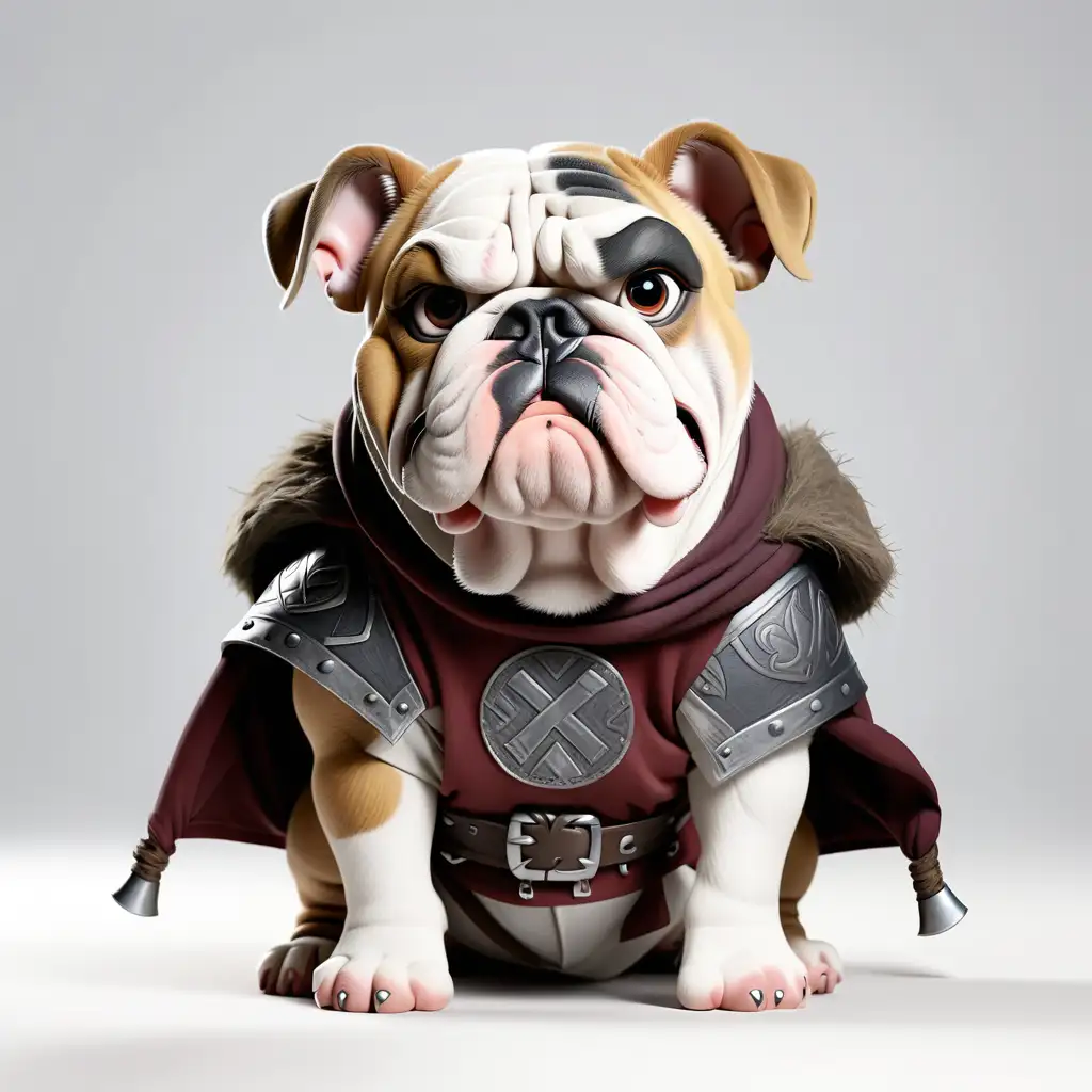a cute bulldog standing with Viking clothes with white background