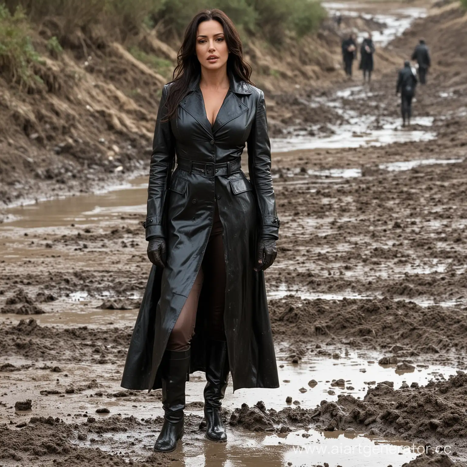 Monica Bellucci in a dirty long leather coat in a dirty pit standing knee deep in mud dirty