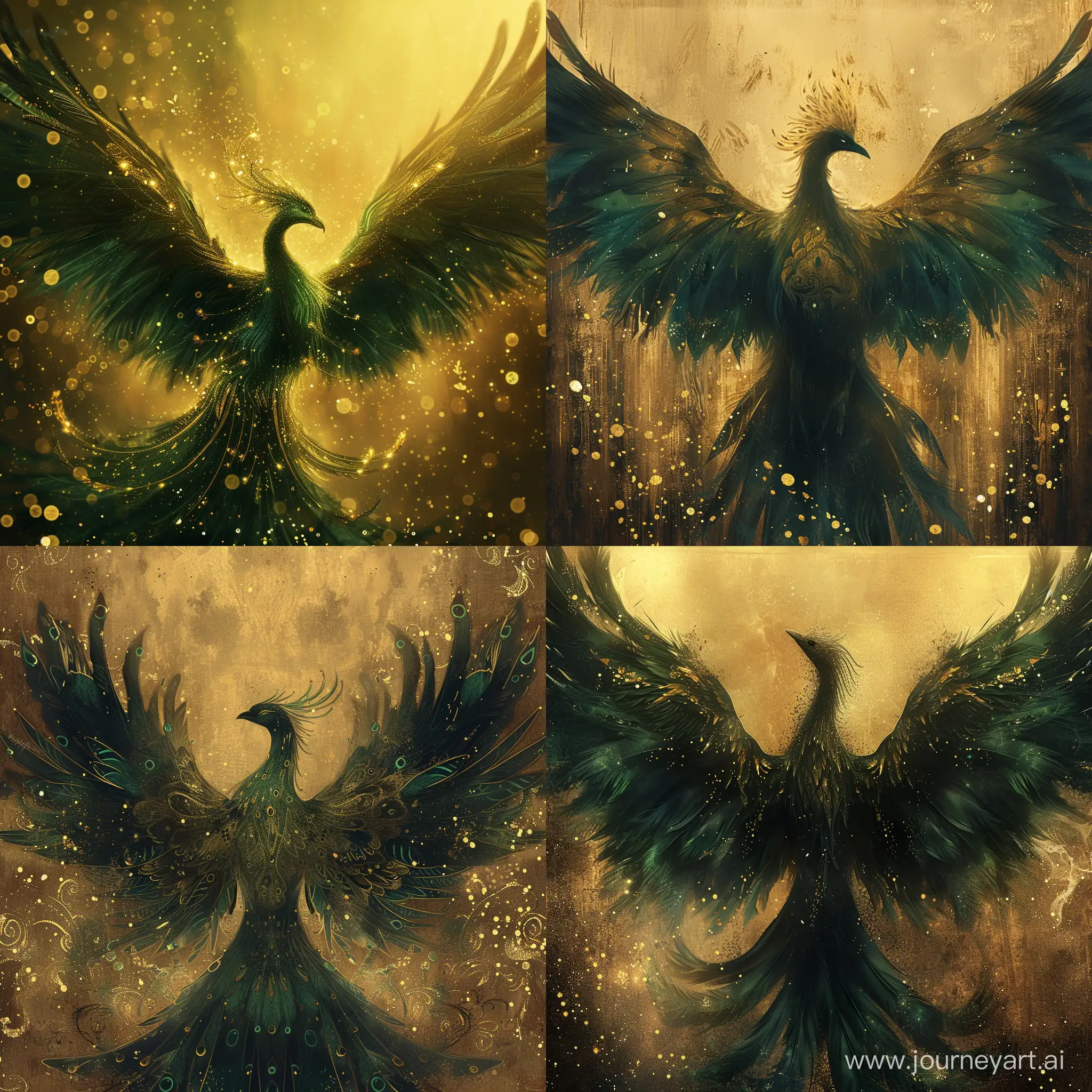 圣神的凤凰大鹏展翅，高贵而不失典雅的美，身上有深暗绿色和金色清晰可见的羽毛，背景是暗金色风格，带有新年气氛