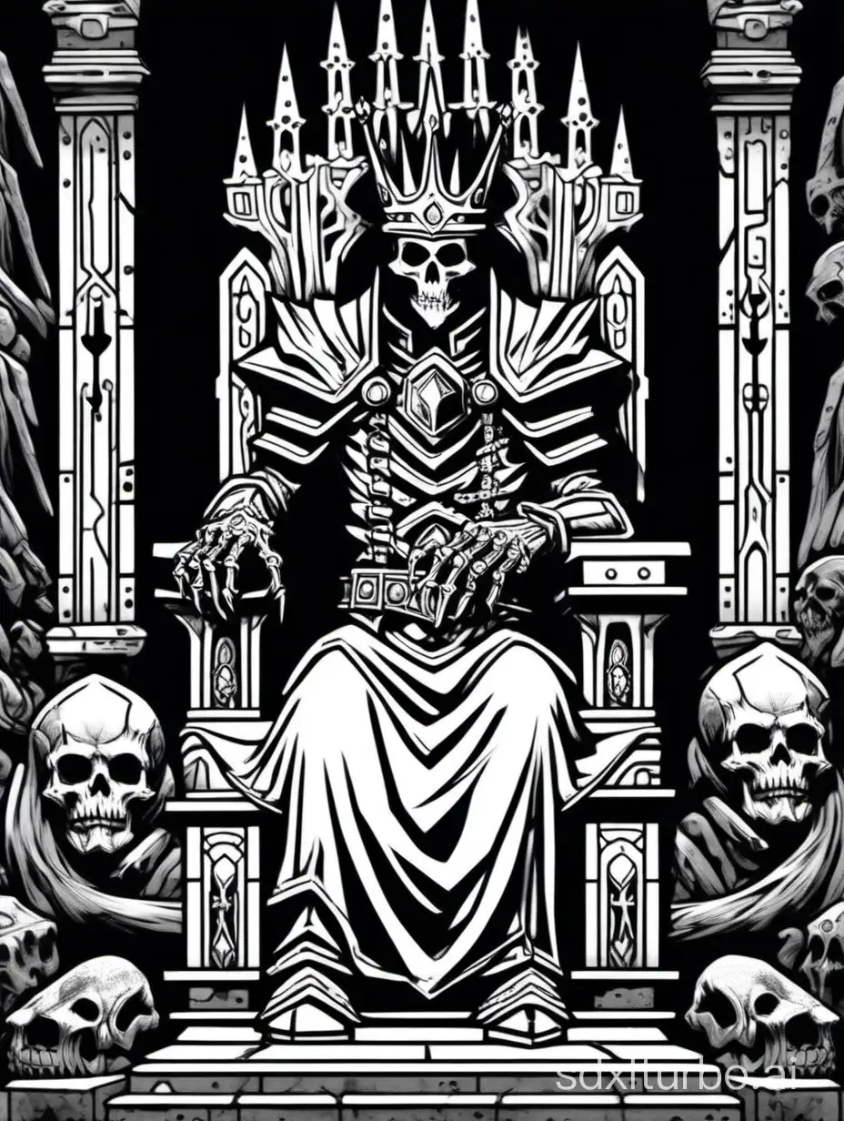 line art of a lich:king, sitting on a throne, in a tomb, at night, close up, 1bit bw, style of 1978 Dungeons and Dragons, by Greg Bell,