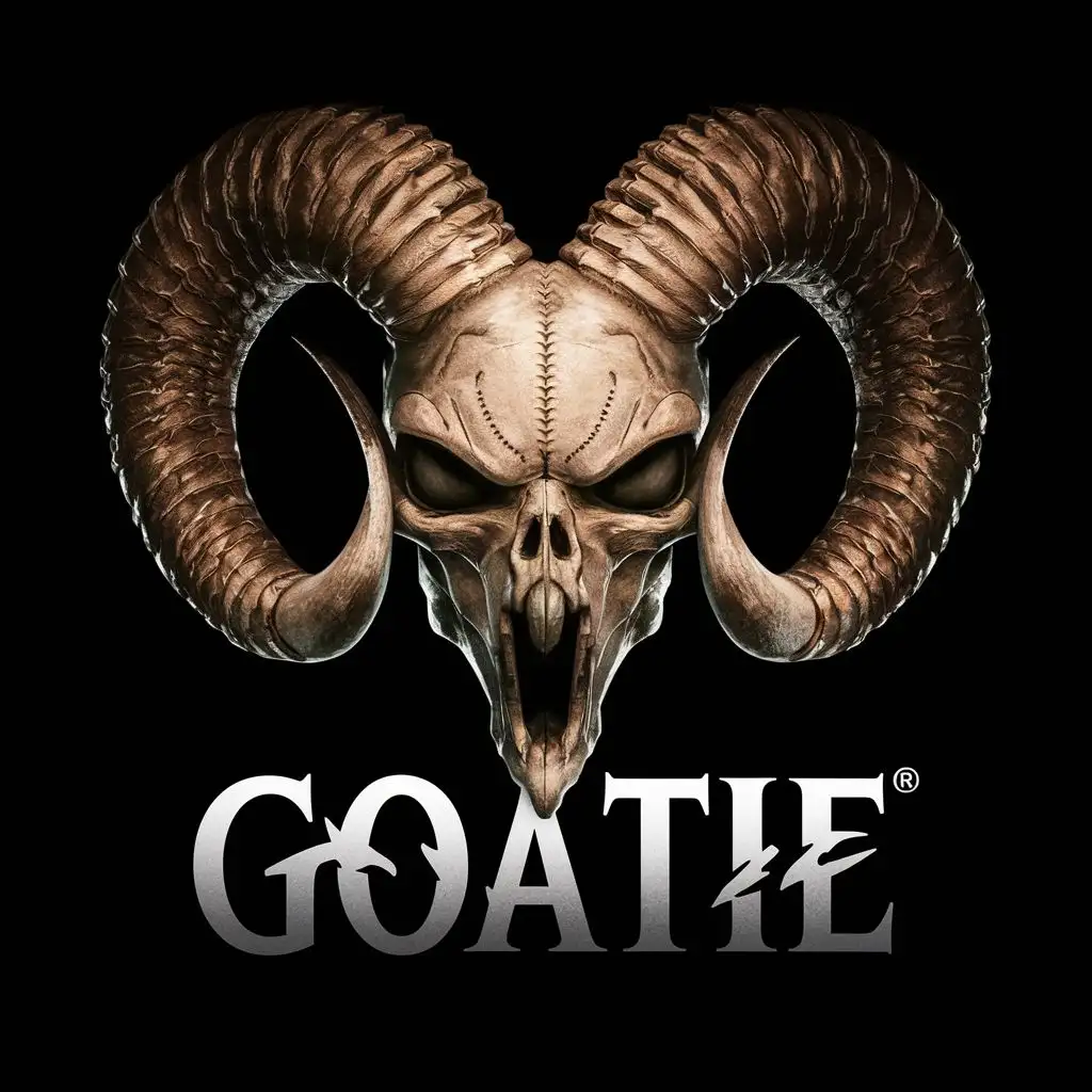logo, gaming hyper realistic evil ram skull dark gothic alien, with the text "Goatie", typography