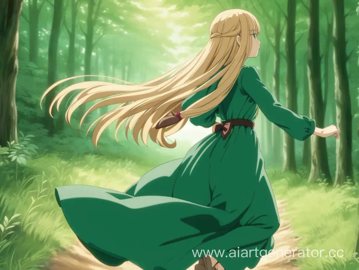 a young woman in a long green dress with long blonde hair is running through the forest. Only her back is seen.  No face. 2d anime. visual novel