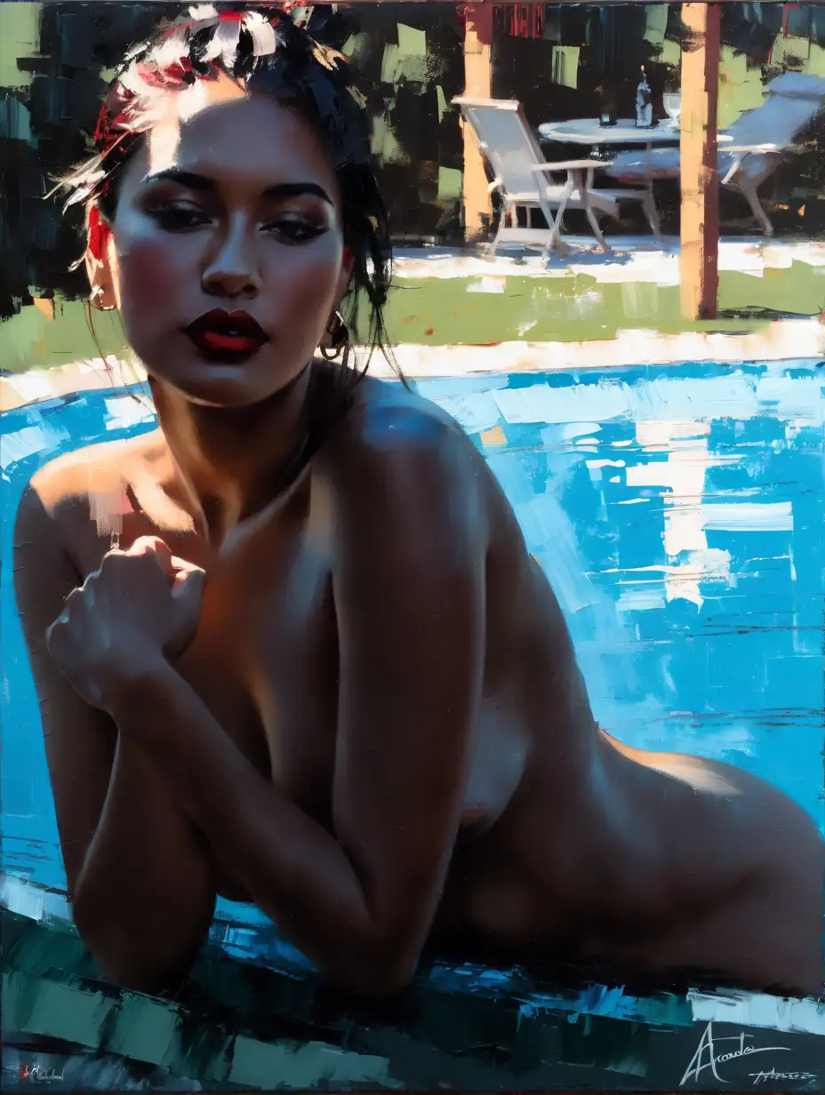 very authentic painting in black and red and white colors , minimalistic , ink, calligraphic lines of a beautiful , very attractive , sexy , (naked:1.5) , seductive , , sensual looking charming mixed woman, cooper hair , , along in the pool , essence of daily life , impasto oil painting, heavy strokes, palette knife, visible flat brushstrokes , large rough brush strokes , palette knife , thick layers of paints
, Stylized painting in oil, palette knife, oil painting style, dramatic loose brush strokes, free brushwork , by Henry Asencio & Fabian Perez