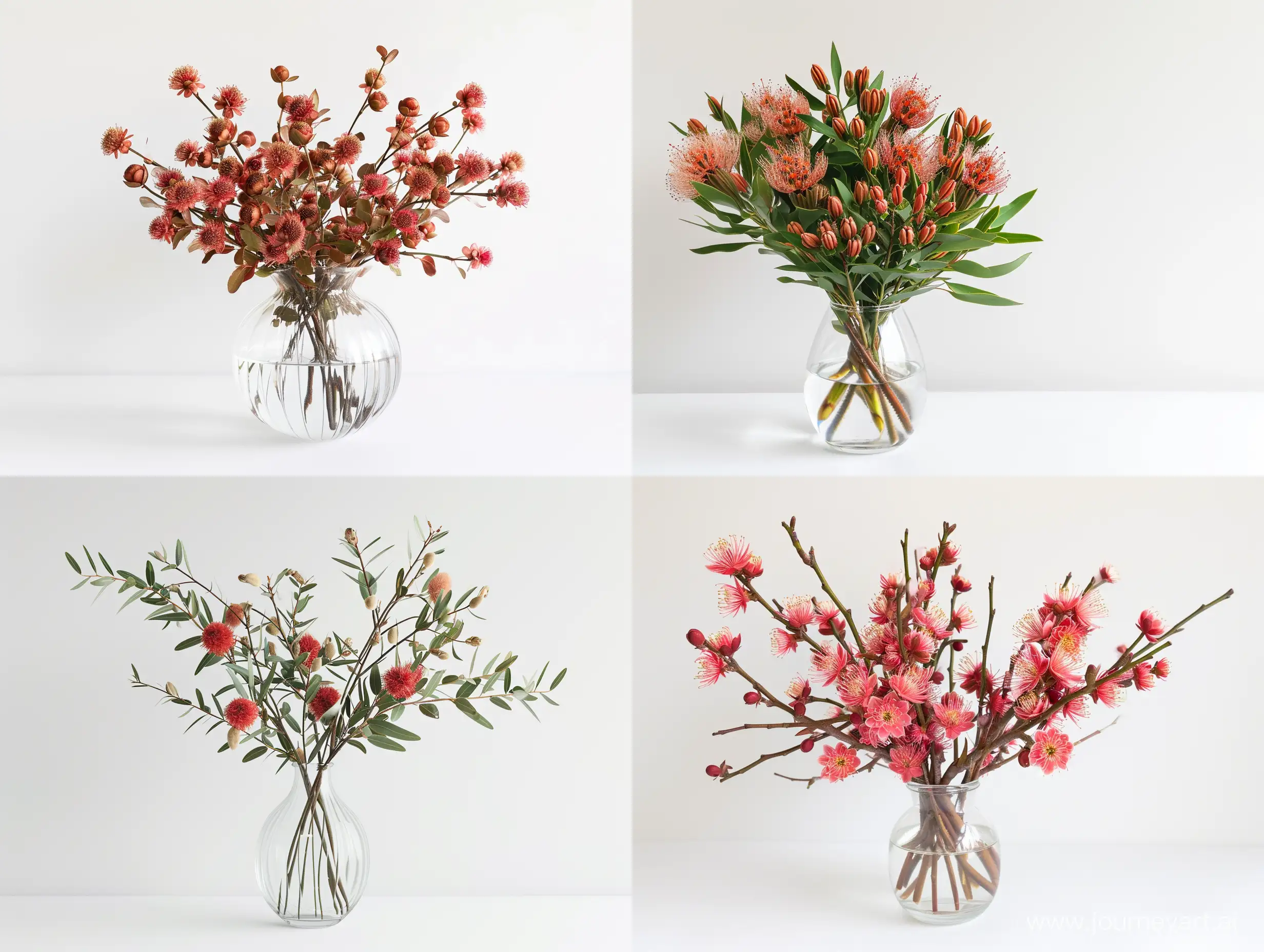 Exquisite-Red-Gum-Nut-Blossoms-and-Proteus-Arrangement-in-Clear-Glass-Vase-on-White-Background