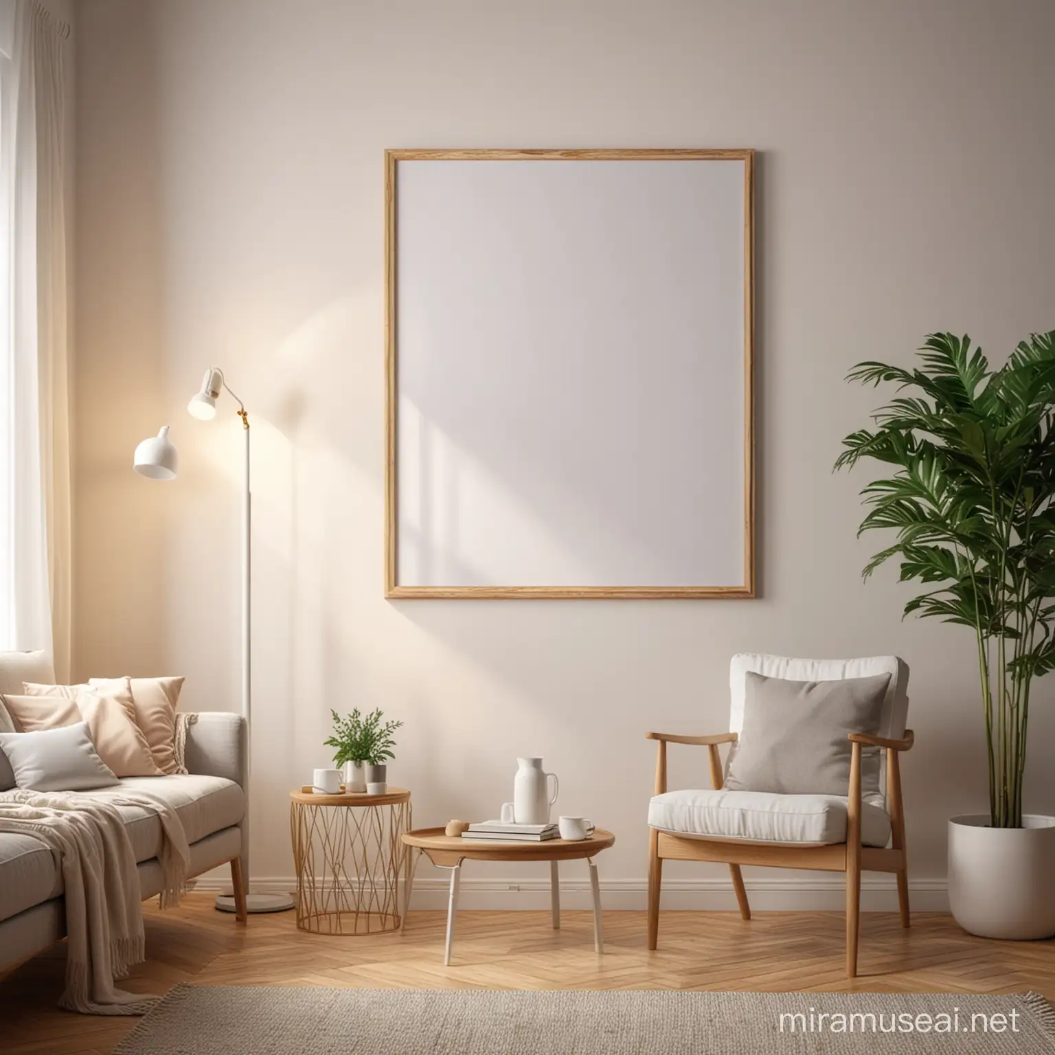 wooden poster white blank frame mockup, reflection, shadow overlay, cozy living room, warm room, 4K