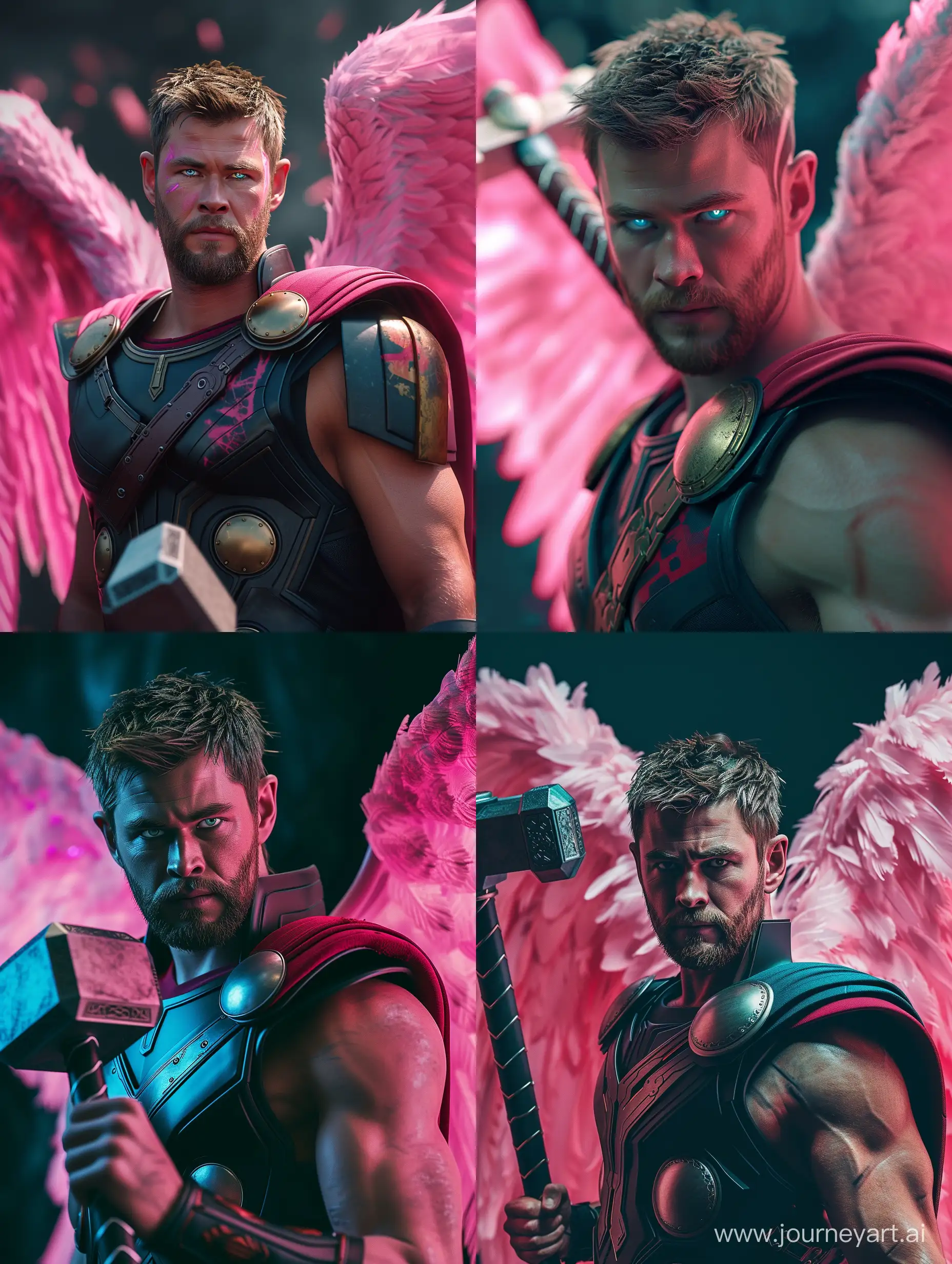 Thor having pink wings and holding hammer, Detailed face, detailed eyes, detailed nose, detailed mouth, high_resolution, hdr, hd, 8k, cinematic,photography, photorealistic, photorealism, hyperdetailed, illustrations, illustrating,clear skin,uhd, ultra-realistic, realism, realistic, best lighting, colour,high quality, unreal engine, epic realism, detailed, best design, detailed graphics, high_contrast, super detailed, ((masterpiece)),hyper-realistic,ultra_detailed,high_definition,professional SLR camera,volumetric lights.