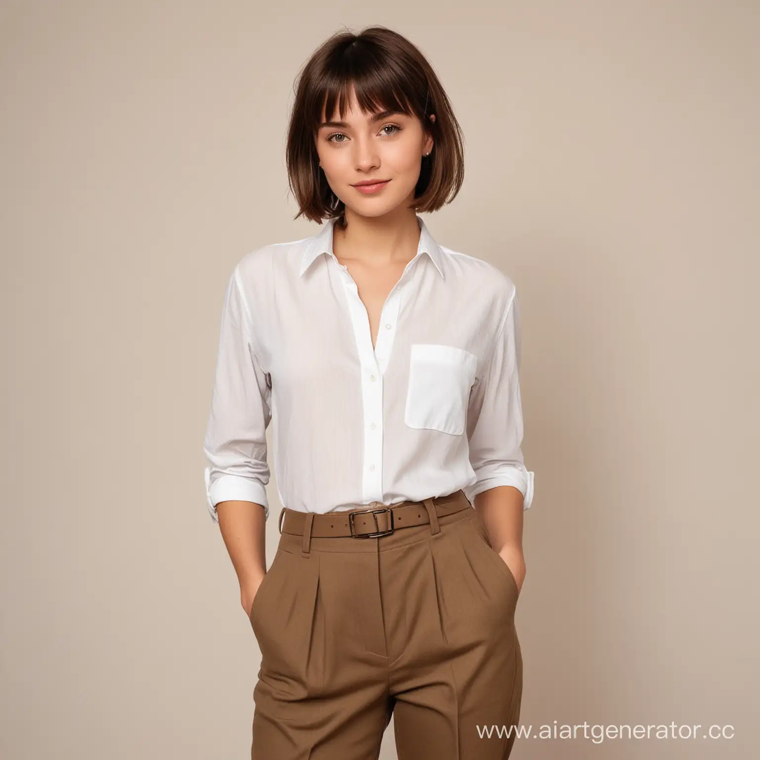Stylish-Girl-in-White-Shirt-and-Brown-Trousers-Poses-Confidently
