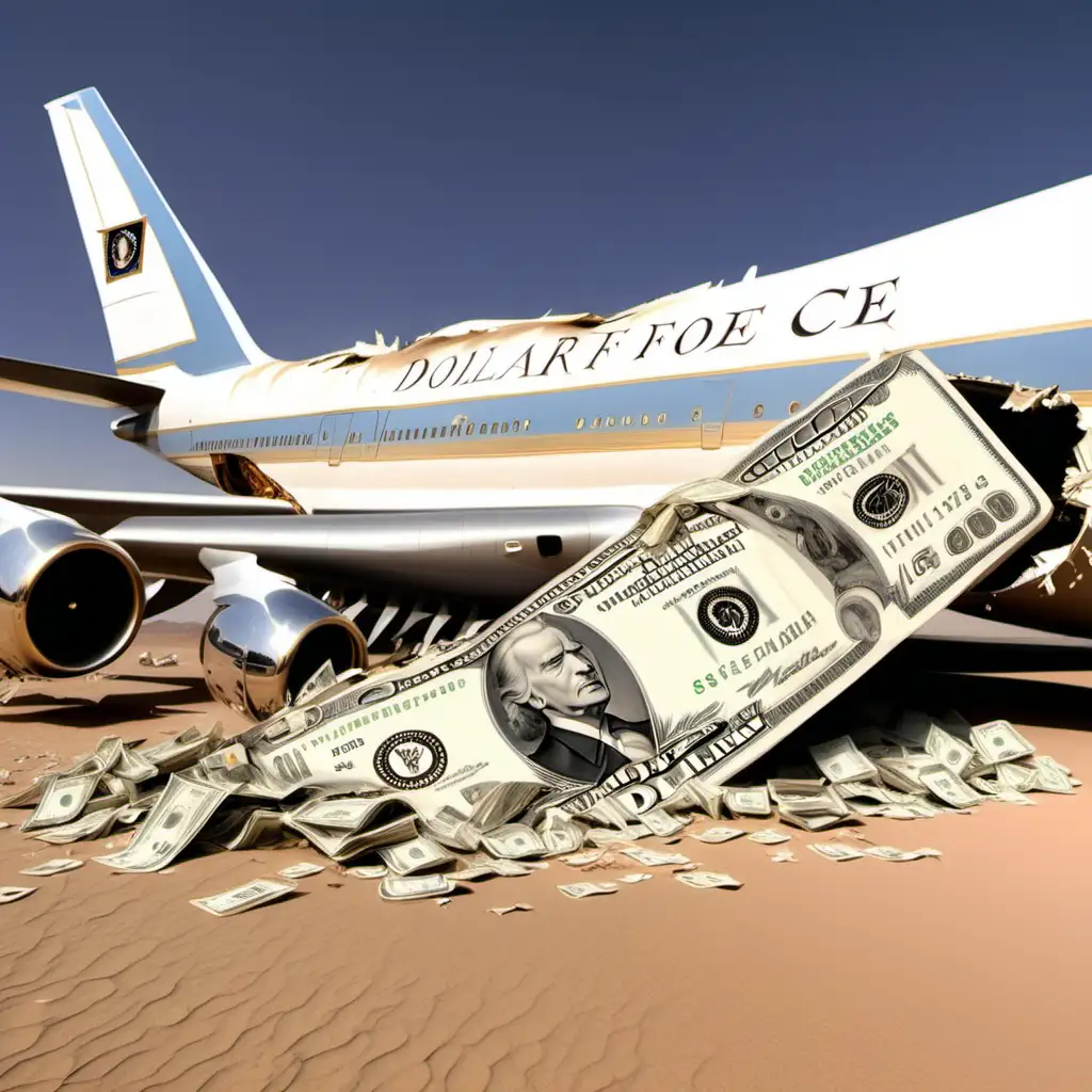 airforce one plane decorated with dollar signs crashed destroyed in a desert with joe biden stumbling around