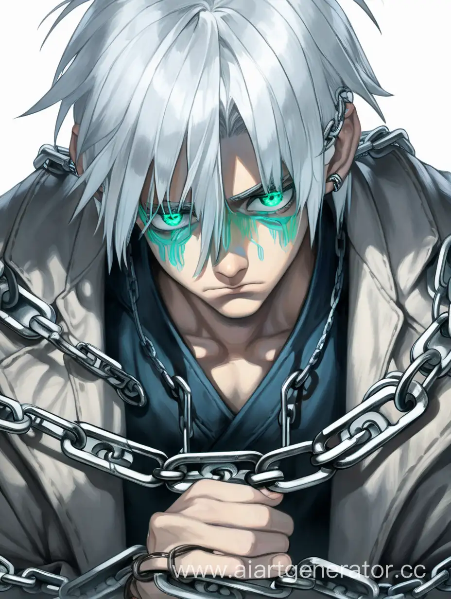 грустный мальчик с белыми волосами и сине-зелёными глазами закован в серебряные цепи