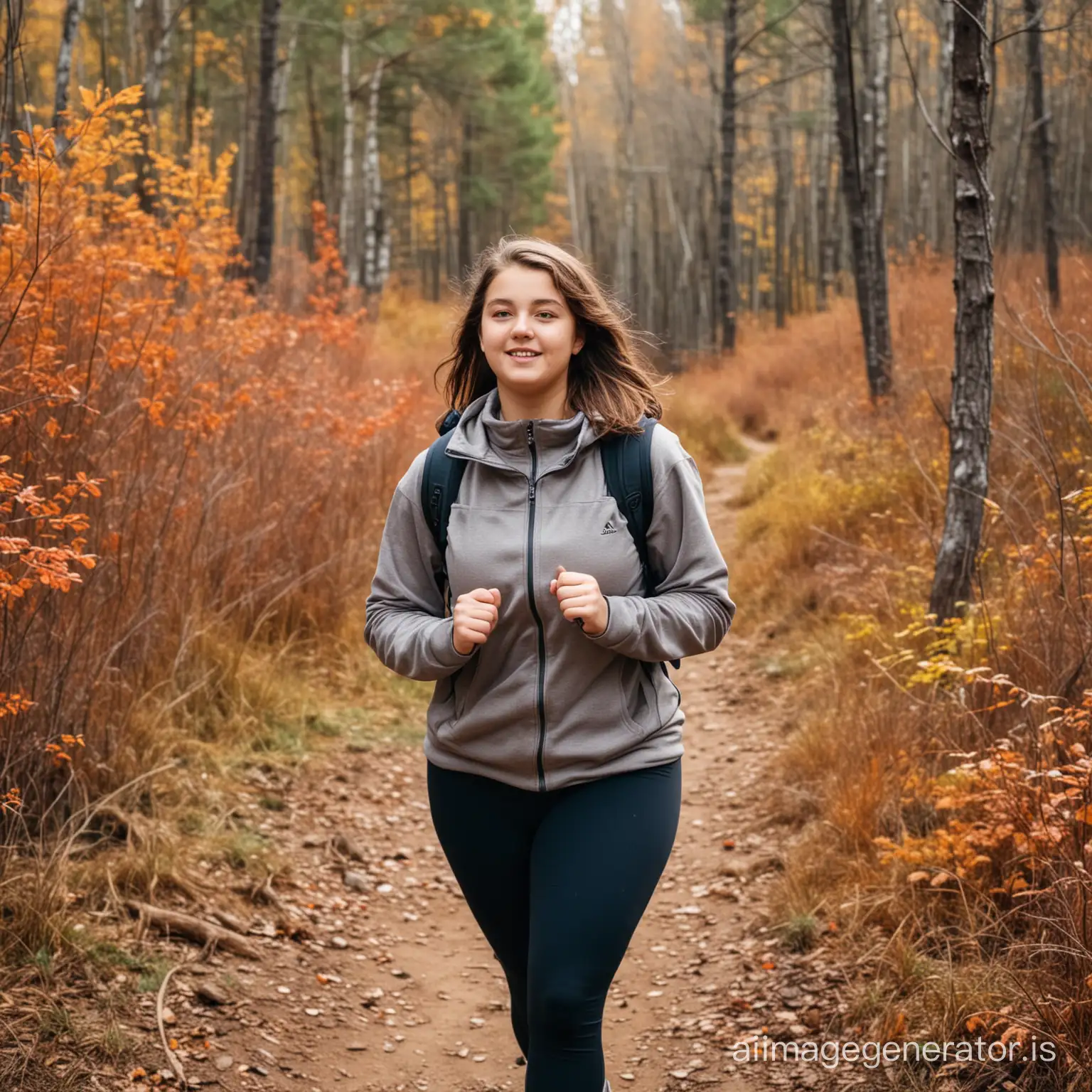 Fifteen years old chubby girl hiking in sportswear autumn forest mountain