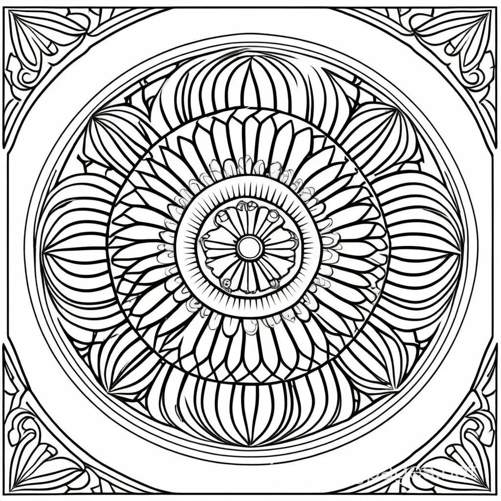 white mandala without color with black lines for coloring book, Coloring Page, black and white, line art, white background, Simplicity, Ample White Space. The background of the coloring page is plain white to make it easy for young children to color within the lines. The outlines of all the subjects are easy to distinguish, making it simple for kids to color without too much difficulty