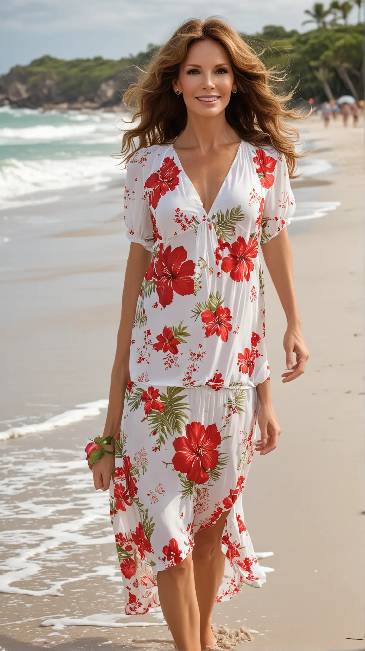 A slim realistic Jaclyn Smith regarde amoureusement sourire rafraîchissant wearing a 2 piece white tropical dress with a red flower in her long hair walking at the beach showing a full body shot from the top of his head to his feet