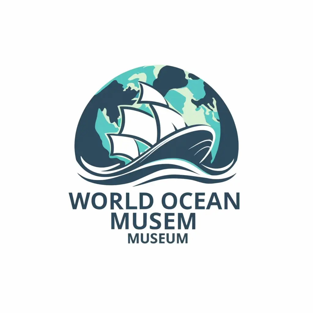 a logo design,with the text "World Ocean Museum", main symbol:The ship on which the planet is located and waves its hand,Minimalistic,be used in Travel industry,clear background