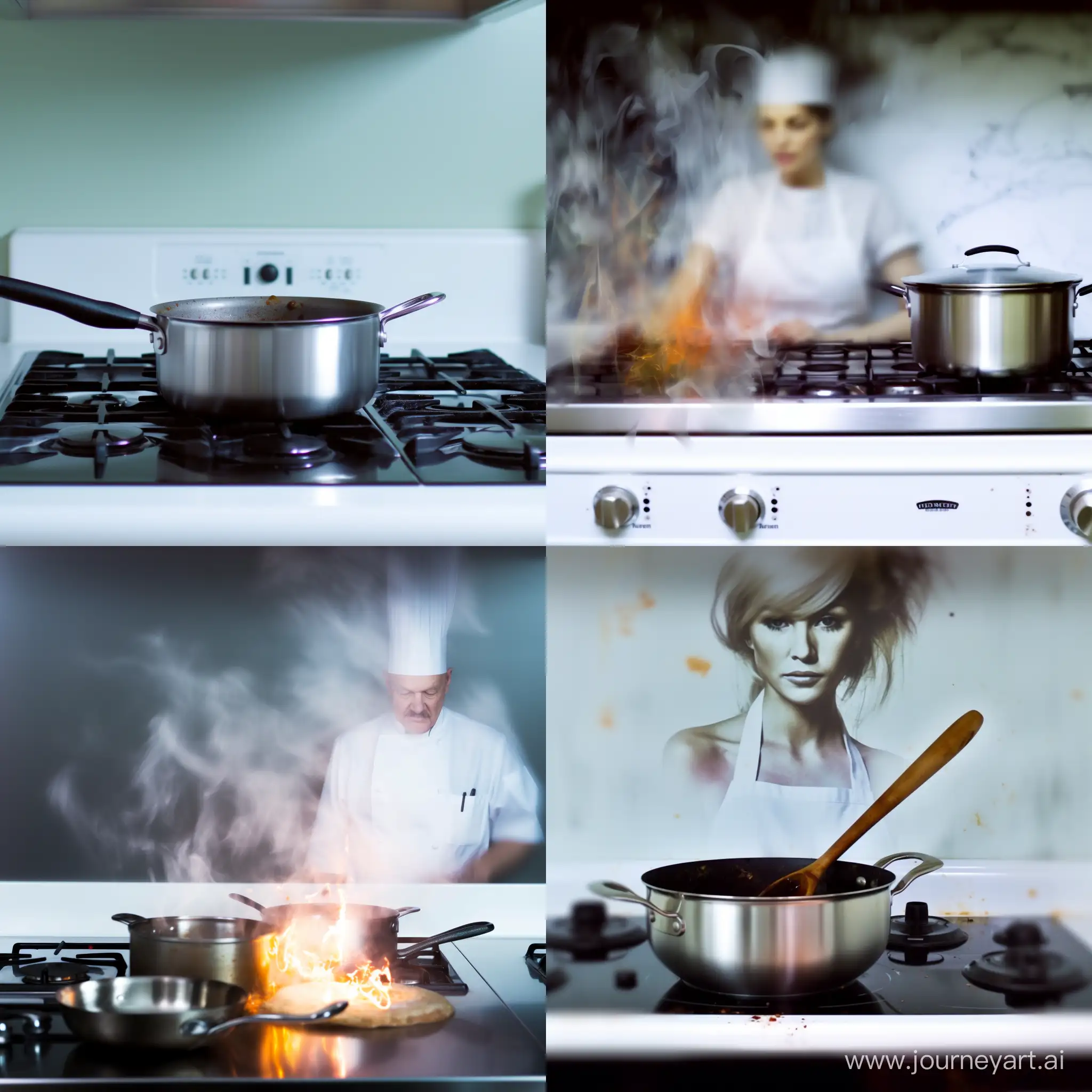 Marilyn Monroe The housekeeper is cooking a delicious home-cooked dish in the kitchen, Macro Lenses, depth of field control method, abstract expressionism, UHD, high resolution, cinematic 