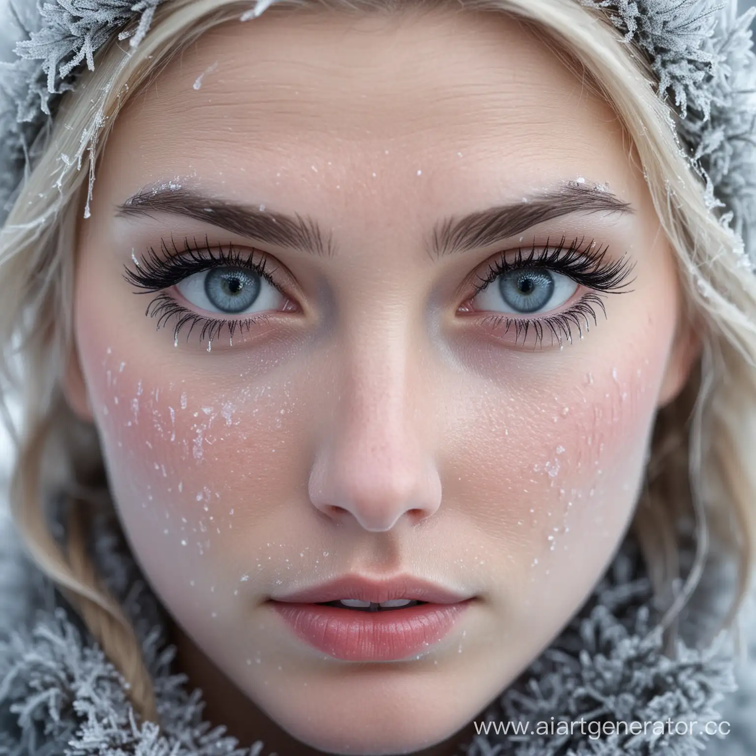 frozen female gaze, only eyes in the frame, frost on the eyelashes