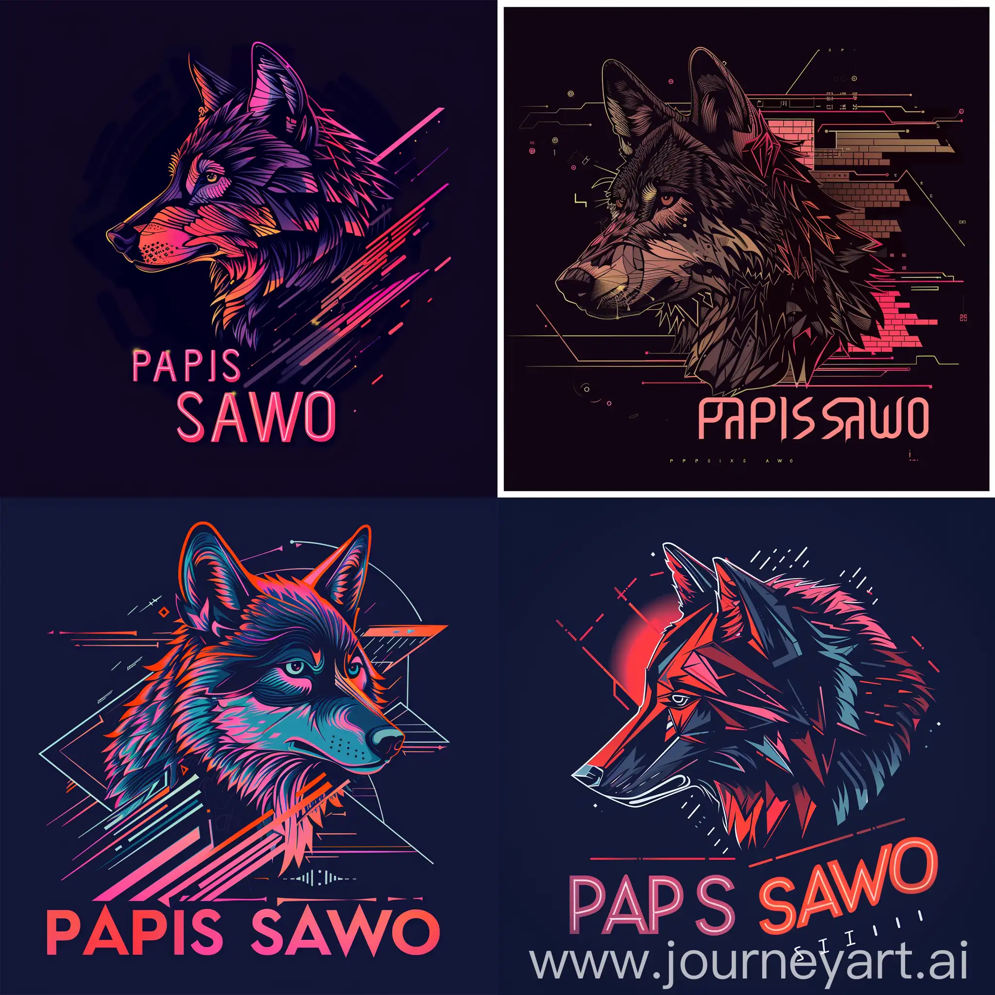 Логотип со словами "PAPIS SAWO", стилизованный волк в техно стиле, волк смотрит в сторону в стилизованном графическом виде с геометрическими формами и цифровыми элементами, чтобы подчеркнуть техно-стиль логотипа, неоновый шрифт для надписи "PAPIS SAWO", добавит эффектного контраста и привлечет внимание к логотипу, --s 100