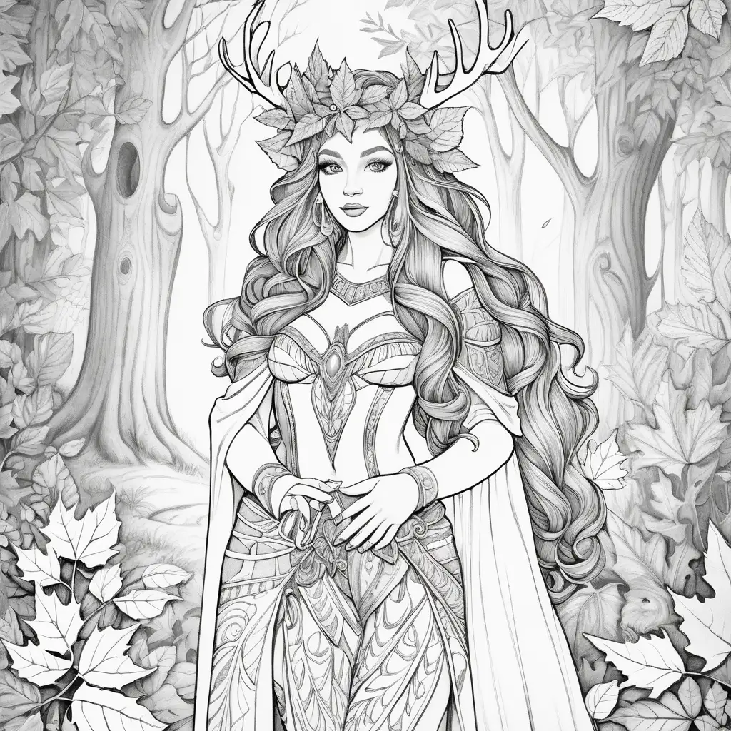 Coloring book image. Black and white. Outline only. Highly detailed. Clean and clear outlines that allow for easy coloring. Ensure the design provides ample space for creativity and coloring. High fashion high fantasy woman wearing a whimsical, woodland-inspired outfit with leaves and natural textures, posing in a magical, enchanted forest.