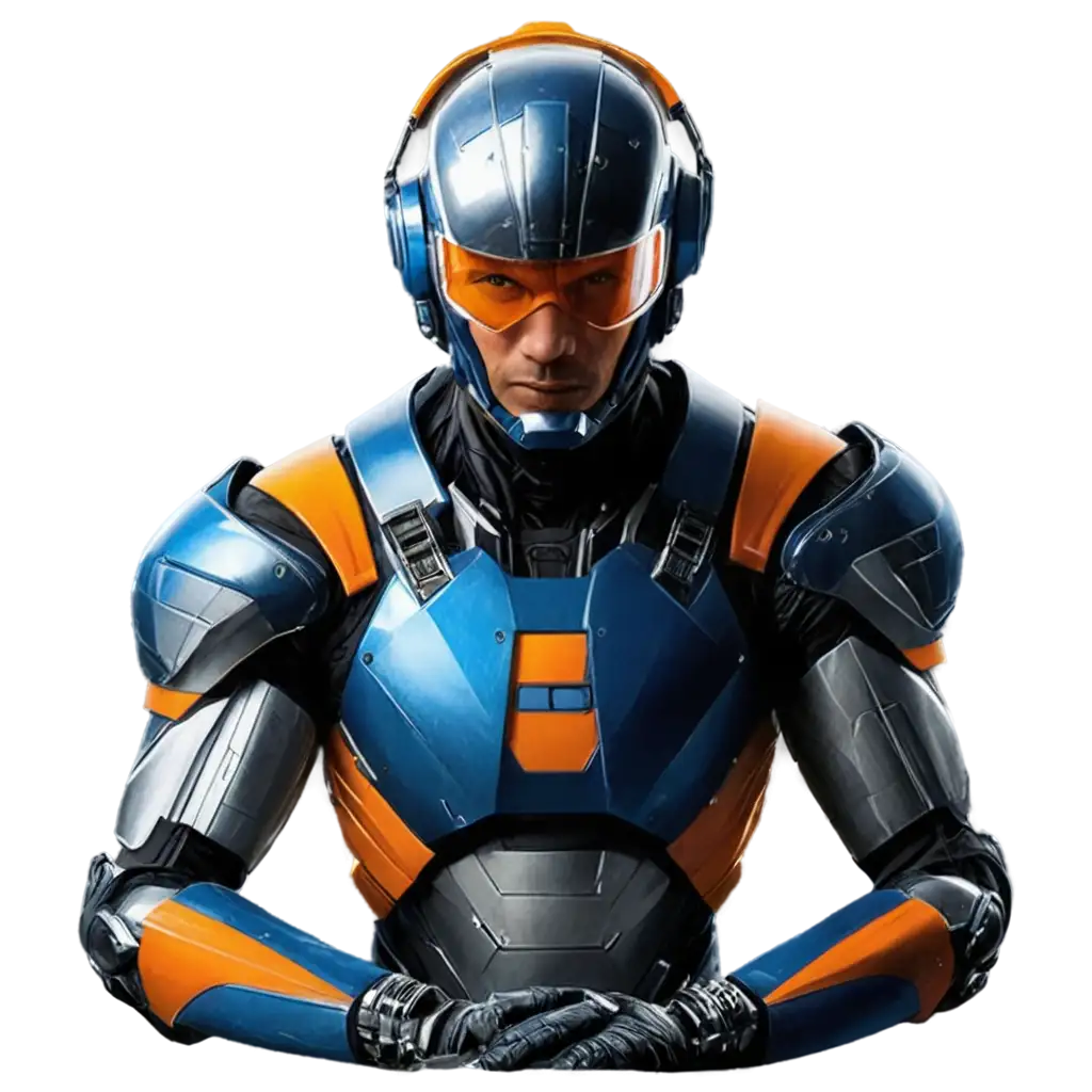 Cyborg-NanoPank-BioPank-PNG-Image-Armored-Figure-in-Orange-and-Blue-Swarthy-Colors