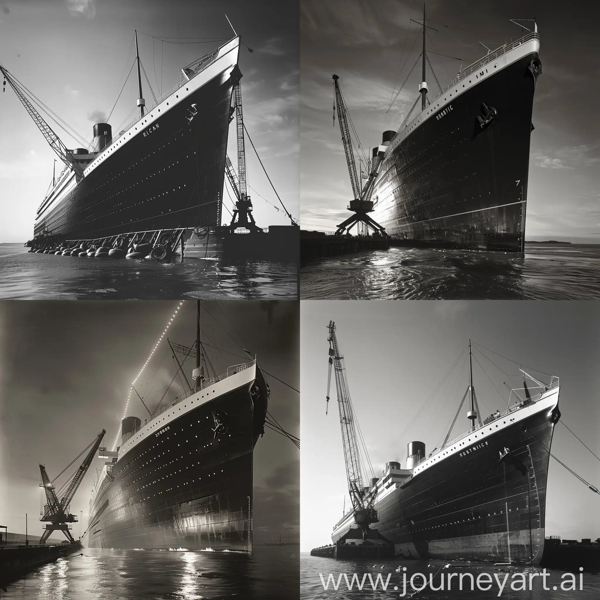The British liner RMS Titanic, majestically towering above the open sea in a ship port, one crane beside her hull, black and white lighting, side view.