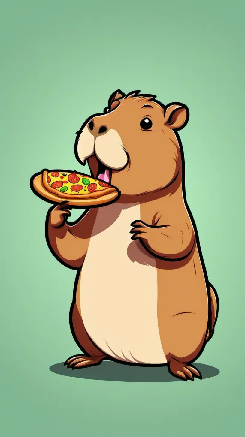 create an image of a cute cartoon capybara eating pizza