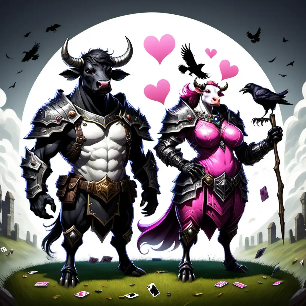 create an image of two cows. one cow is black and white, he should look legendary. He enjoys card games and is a huge gamer. The second cow should be pink and white. She is a loot goblin and loves crows and ravens. She should have armor that should look like a crow or raven.