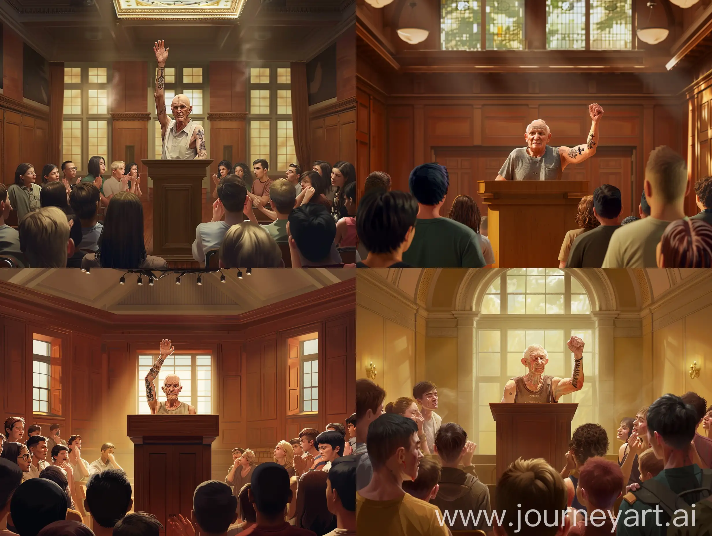  image set in a warmly lit, spacious lecture hall, reminiscent of those found in prestigious universities like Harvard. The room is filled with attentive students, dressed in casual and semi-formal attire, symbolizing the post ww2 era demographic and fashion of a student body. In the center, a dignified elderly man stands at the podium. His posture is one of quiet strength, with his bare arm rolled up sleeve raised to the sky with his Holocaust tattoo visible for display and his face, marked by the passage of time, reflects a depth of experience. He is depicted with a gentle expression, indicating he is sharing a profound and moving story.

The students’ faces are turned towards him, expressions ranging from deep sadness crying to openly crying, illustrating the profound impact of his words. Some students are subtly wiping tears from their eyes, capturing the emotional gravity of the moment. Others are softly clapping while crying, a gesture of respect and acknowledgment for the survivor’s courage in sharing his story. The ambiance of the room is one of solemnity mixed with admiration, highlighting the educational and emotional significance of the encounter.