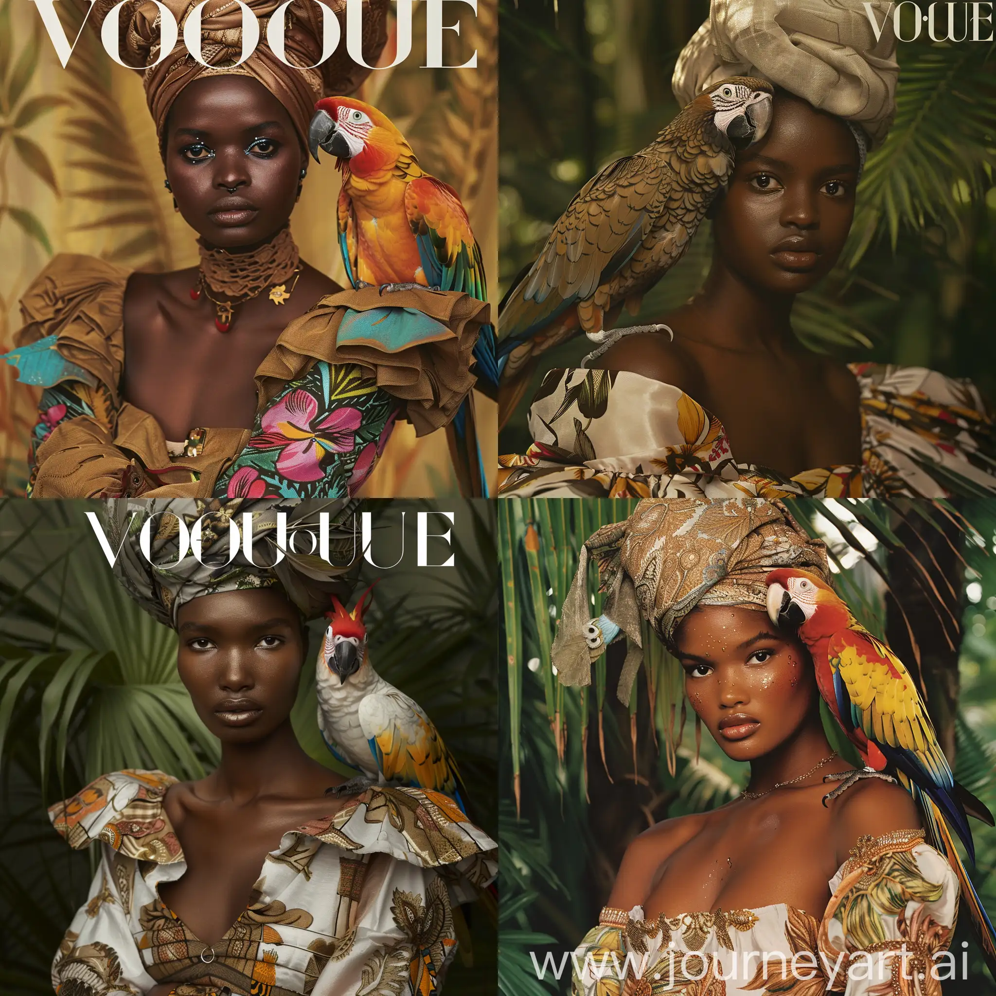 обложка vogue от энни лейбовиц в джунглях 

реалистичная барбадоская модель лет 25ти.  с какаду на руках 

красное платье с открытыми плечами. тюрбан

вид сверху. крупный план . эстетика моделей 90-х. 

с живой натуральной структурой кожи и пор. Четкие большие глаза. Пухлые губы с четкой фактурой.

высокая детализация, высокое разрешение, фотосессия vogue, kinfolk magazine, 64k, ISO 100