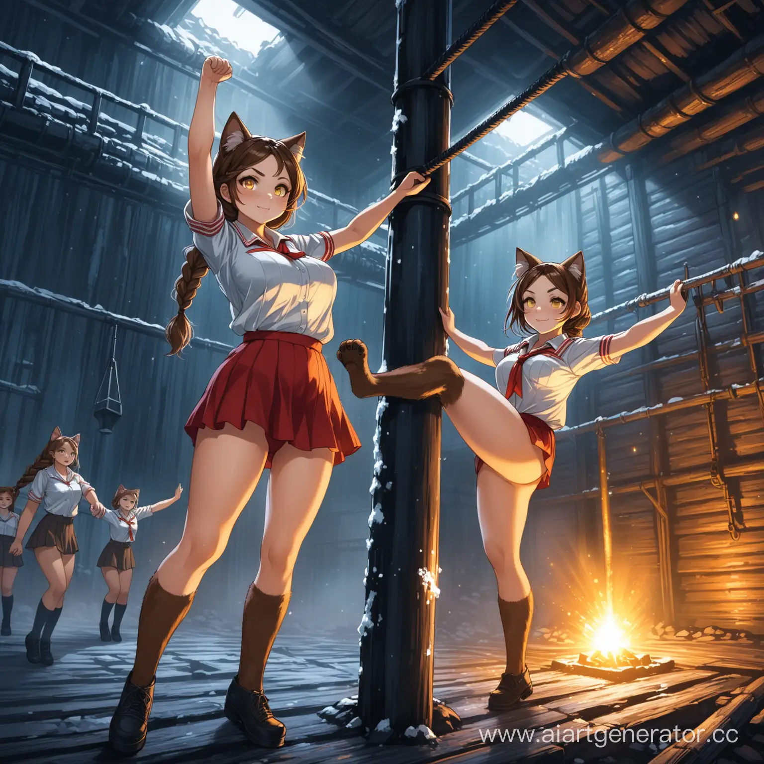 Soviet-Catgirls-with-Yellow-Eyes-and-Brown-Hair-in-Frostpunk-Pole-Dancing-Scene