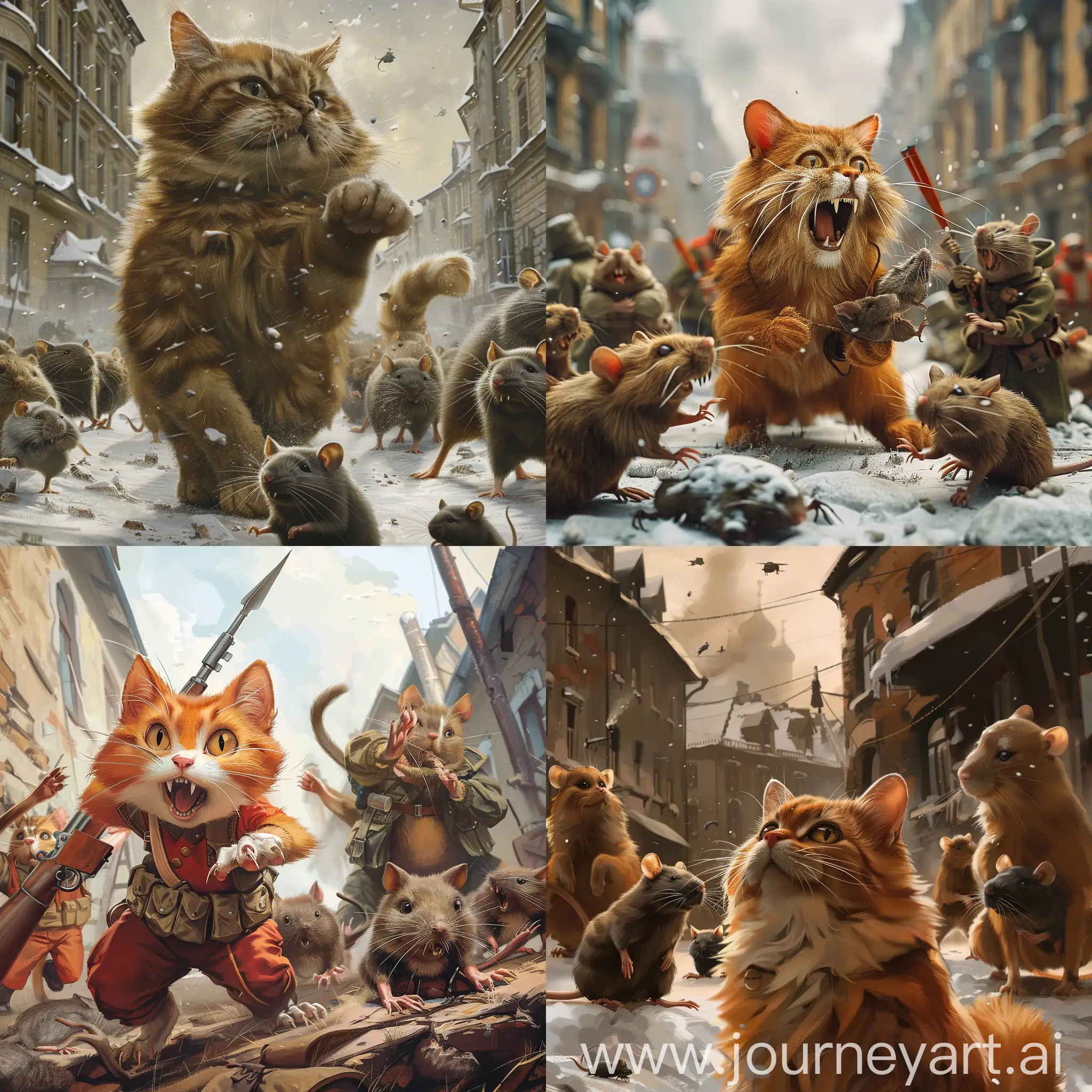 Red army cats battle with German army rats, hunger, hero, Leningrad, WWII, 1943, Pixar style