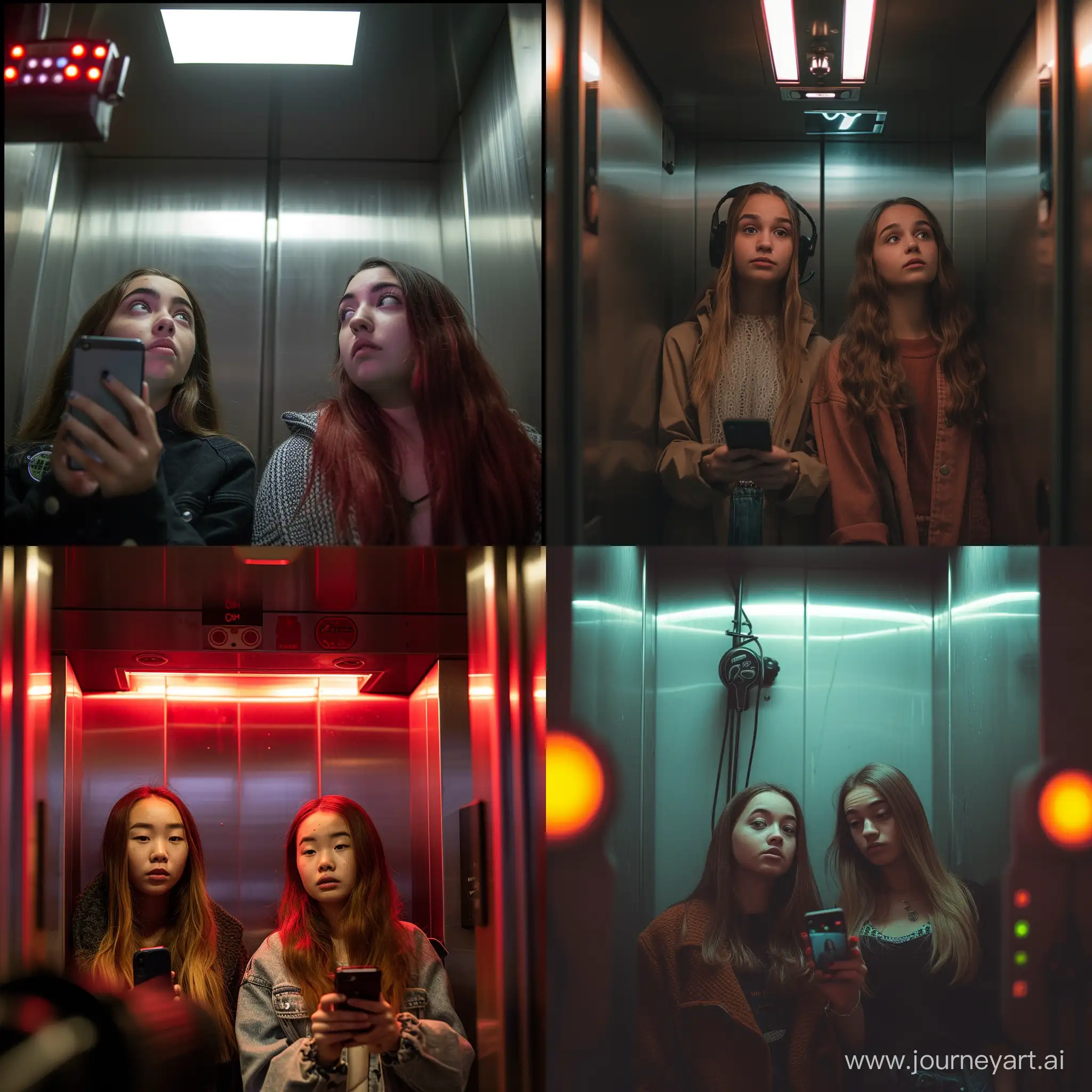 Two-Girls-Recording-Vlog-in-Flickering-Elevator