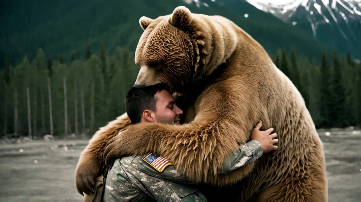 an army soldier hugging a large brown bear