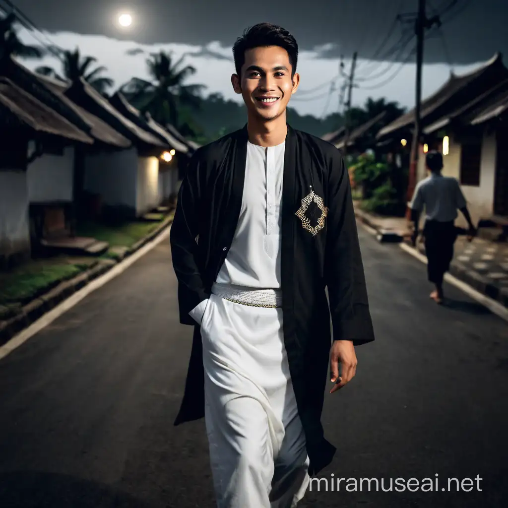 Smiling Young Indonesian Man Walking to Mosque at Night with Tasbih