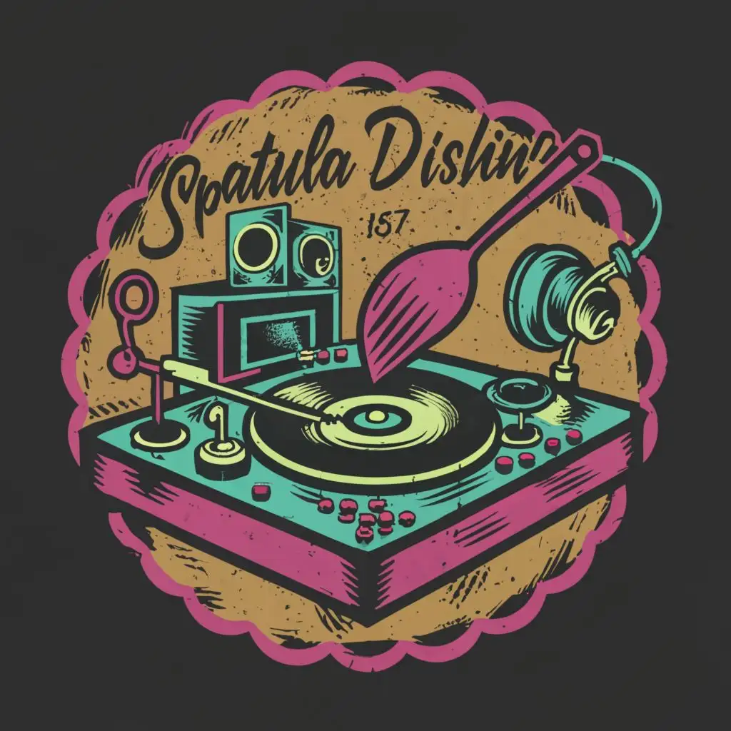 logo, spatula scratching a record on a turntable, headphones, speakers, doily, round badge, teal green magenta, with the text "Spatula Dishin''", be used in the Entertainment industry