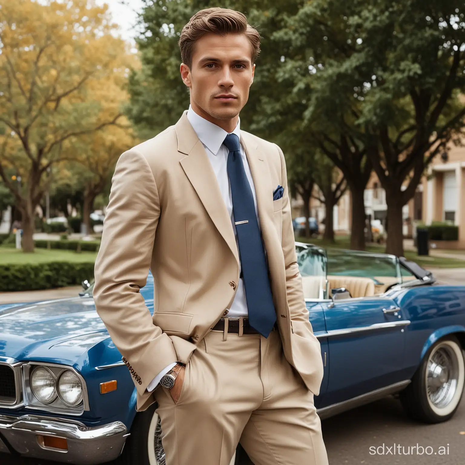 A man is captured in a photograph wearing a sophisticated tan suit paired with a crisp white shirt and a stylish blue tie. The man appears to be in his late twenties and exudes a sense of confidence. He is standing on a street, surrounded by some trees in the background. Additionally, the image also includes a black car on the left side and a silver car on the right side. The man's outfit is complemented by a sleek belt and a classic watch on his wrist. The overall color palette of the image consists of soft neutrals like tan, blue, and black, creating a timeless and elegant aesthetic.