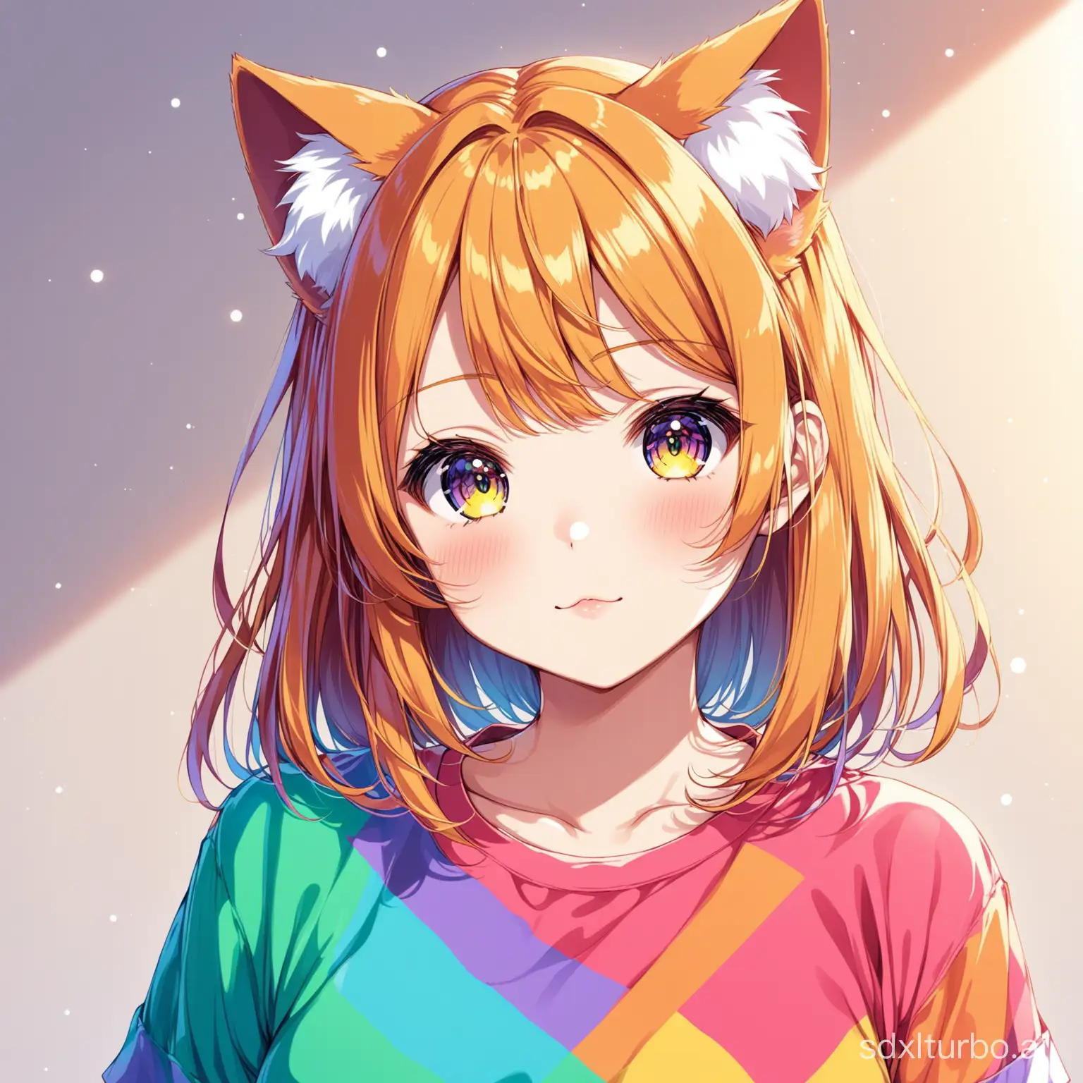 Anime girl with cat ears wearing a colorful shirt