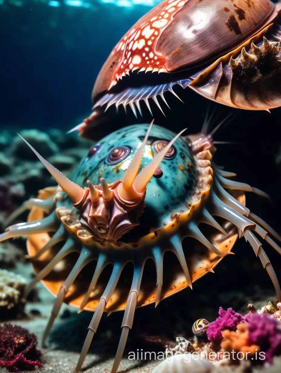 Underwater scene of extreme close-up of horseshoe crab eating a snail in a colorful detailed coral reef, dramatic cinematic lighting realistic colors