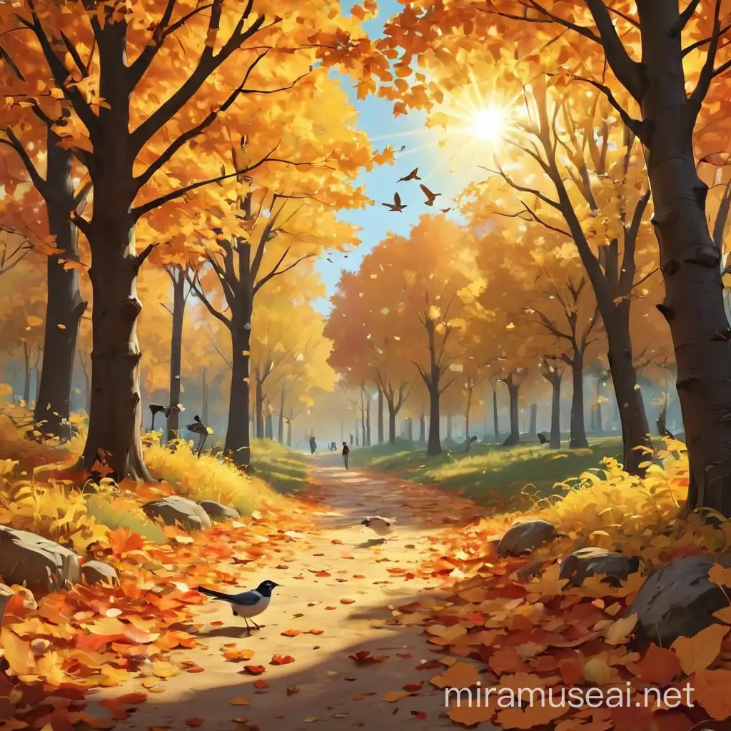 2D beautiful autumn, leaves fall, sunny day, trees, birds