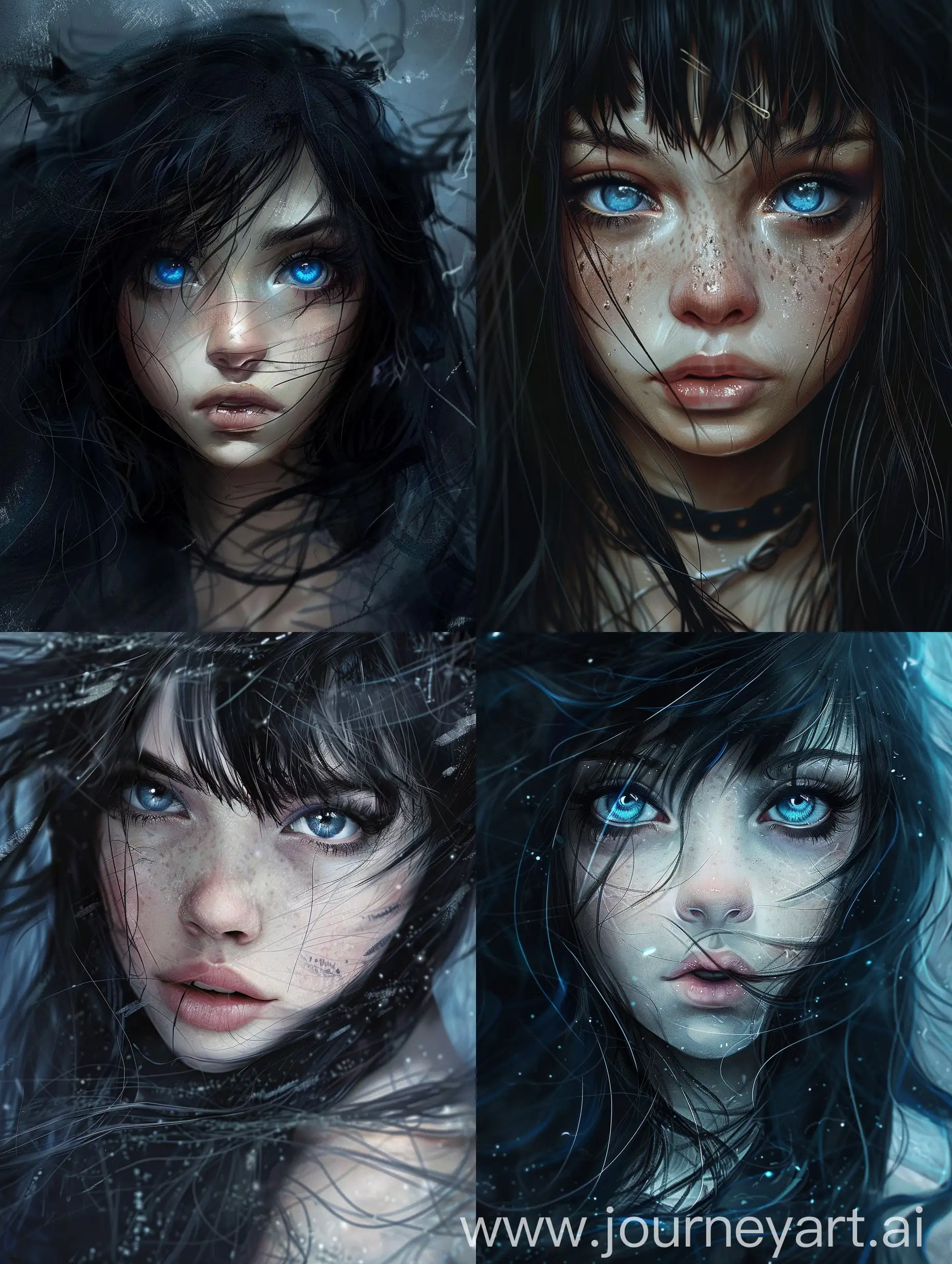 Fantasy, девушка с чёрными волосами с голубыми глазами проклятый дар 
