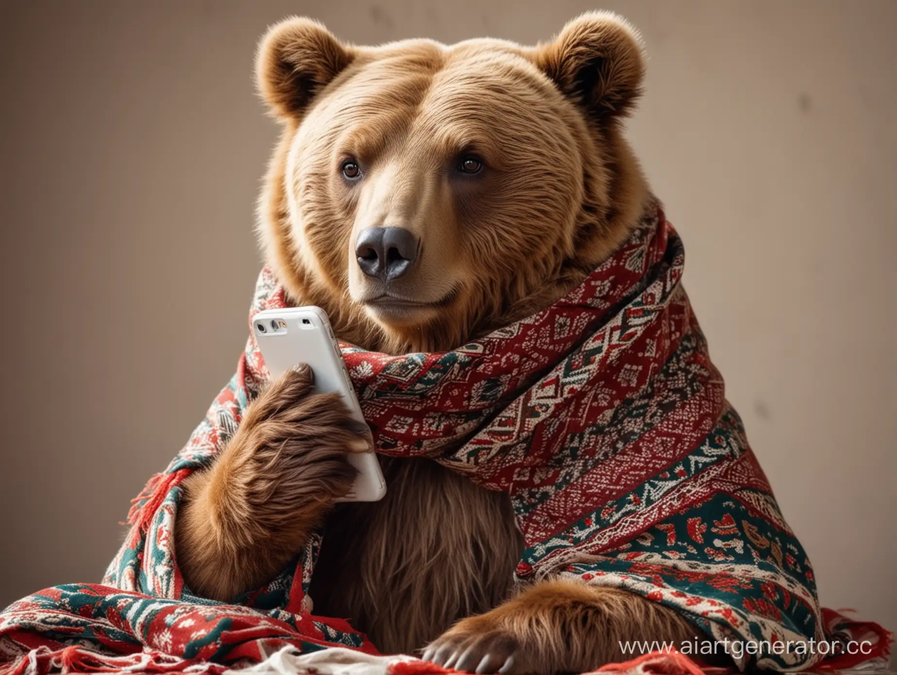 бурый медведь в русском платке с узорами сидит с телефоном в лапе