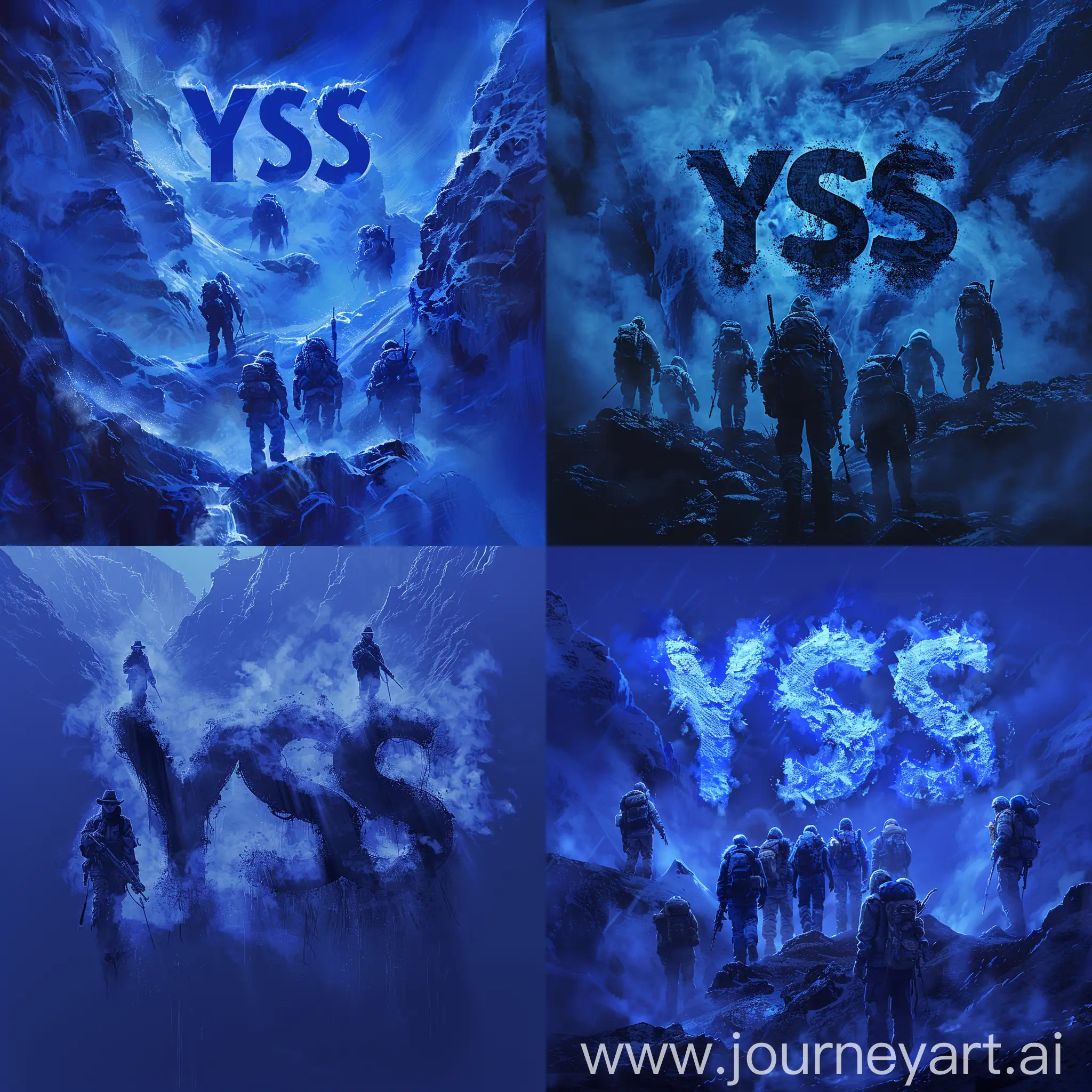 Темно-синие буквы "YSS", окруженные рейнджерами и туманными контурами, что придает образу таинственности и загадочности, --s 250