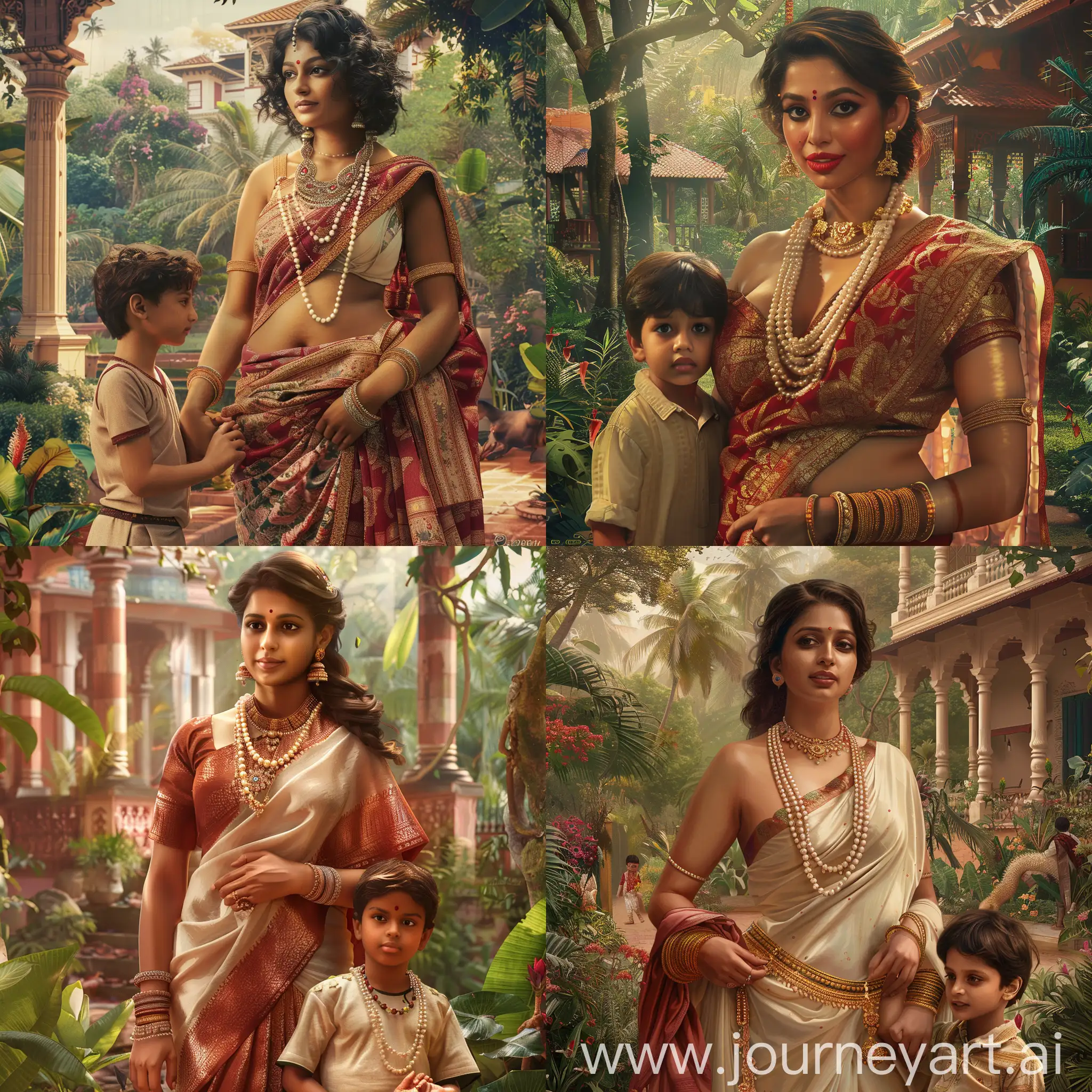hyperrealistic photorealistic visual of a very beautiful, curvy, clad in traditional saree, Malayali woman with her son, she wears a large pearl necklace chain, intricately detailed and picturesque lush home garden background, waist shot, half body shot