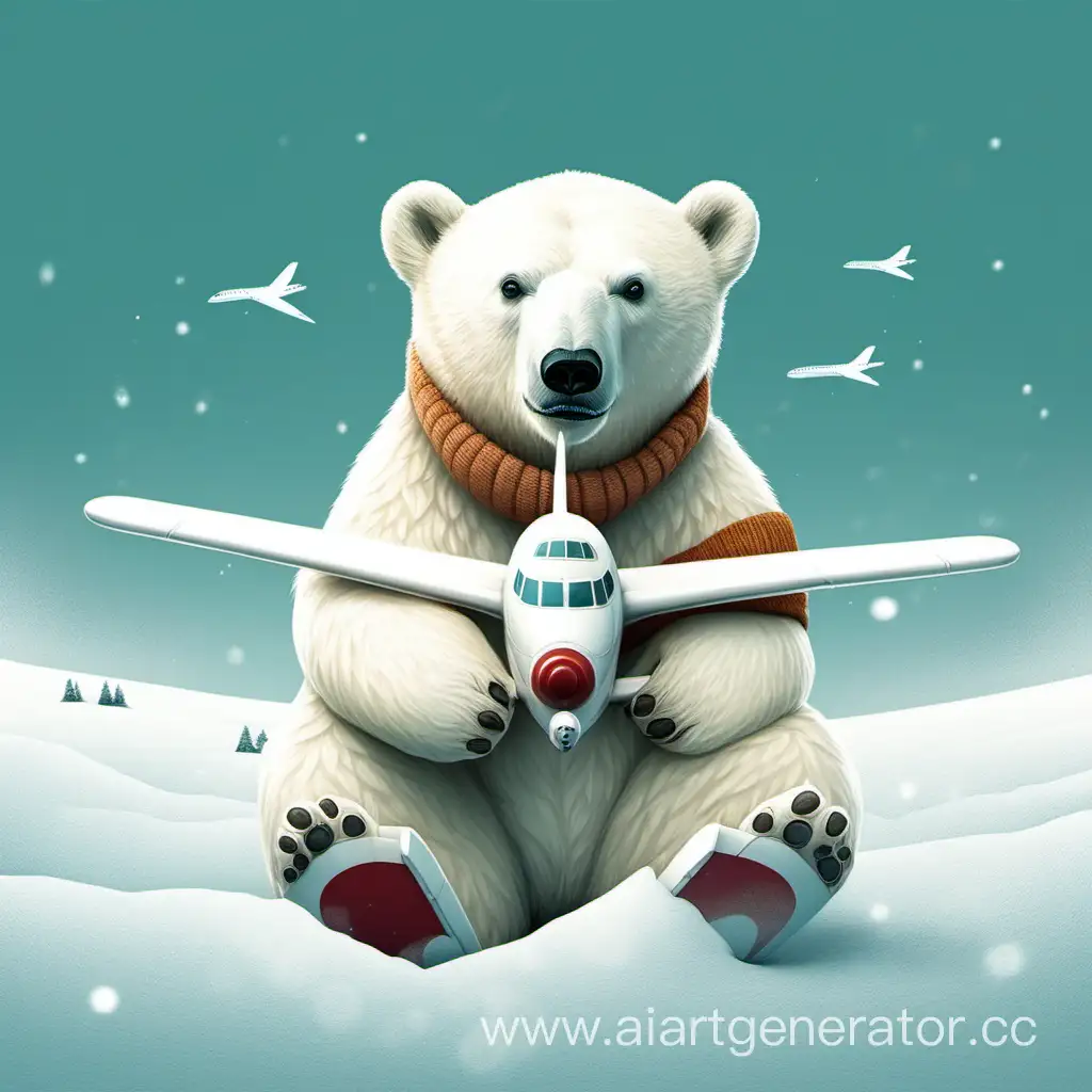 Белый медведь держит самолётик
