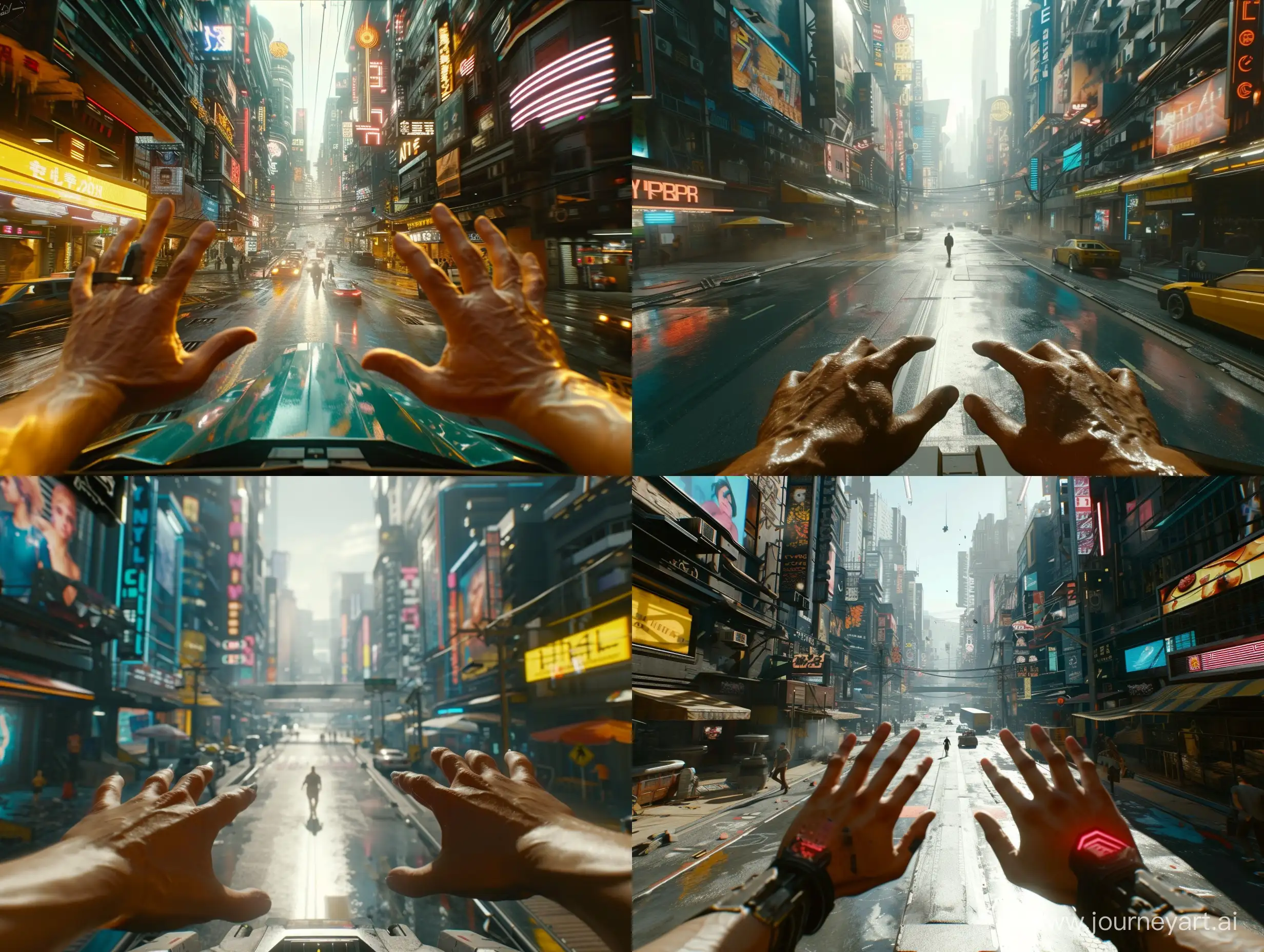 The perspective of the player in the video game "Cyberpunk 2077" shows walking on the streets of a futuristic city with hands visible at the bottom and enhanced ray tracing effects. This is on the PS5 platform.