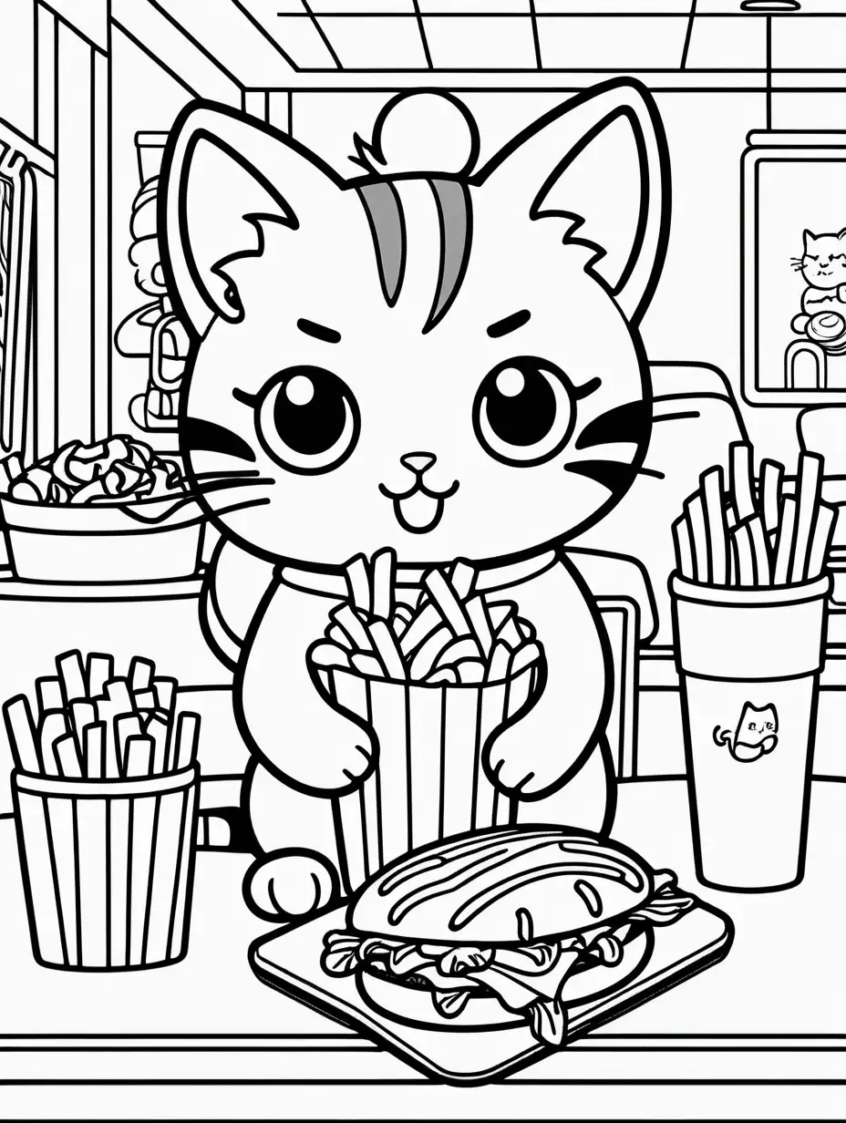 Coloring page for kids with a cute kawaii cat eating fries inside a fast food restaurant  , black lines and white background only black and white