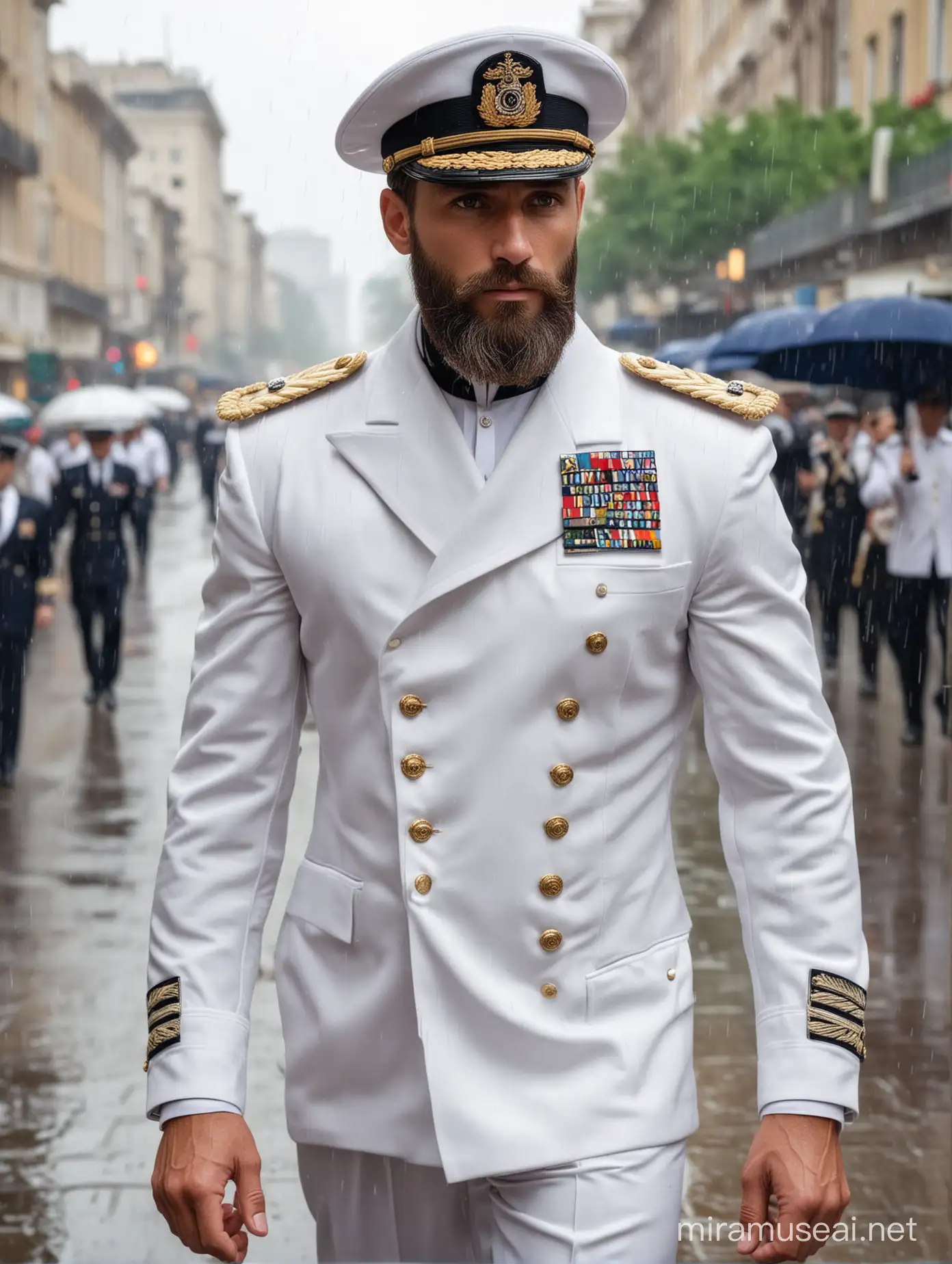 Tall and handsome muscular men with beautiful hairstyle and beard with attractive grey eyes and Big wide shoulder in Navy officer white suit with hat as admiral general walking on street with rain 