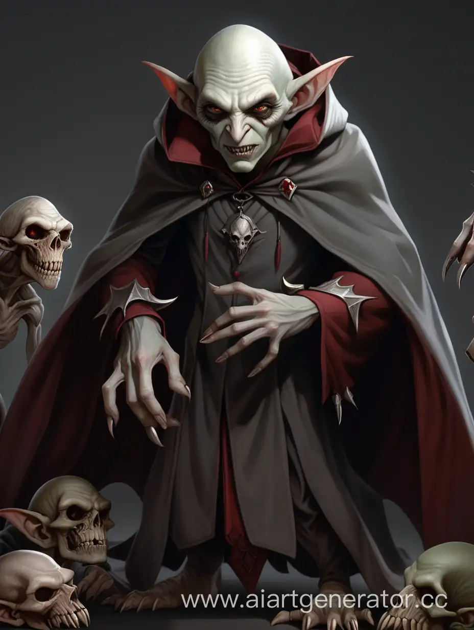 гоблин-вампир, белая кожа, когти, пустые глаза, серая накидка, вокруг трупы людей и животных