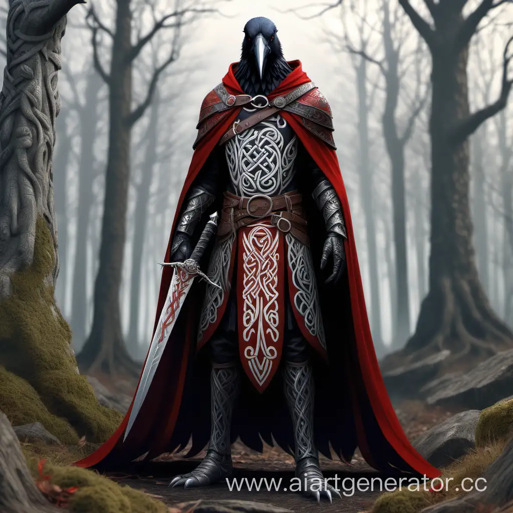 1man, cape, full body, crow head, crow head instead of the human's one, red and silver patterns on clothes, celtic ornaments, sword in hand, solo, standing, forest, forest background, Elden Ring vibes, concept, concept art