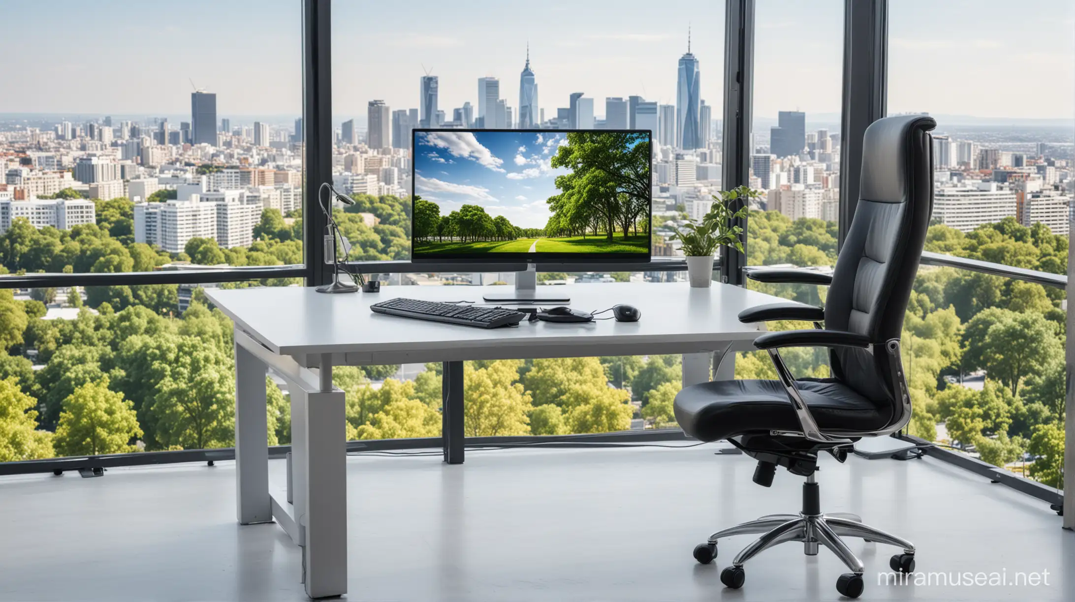 black office chair,  black keyboard and one silver computer monitor  on white table top, situated in a modern office with a modern city background with sunny and blue sky, green trees